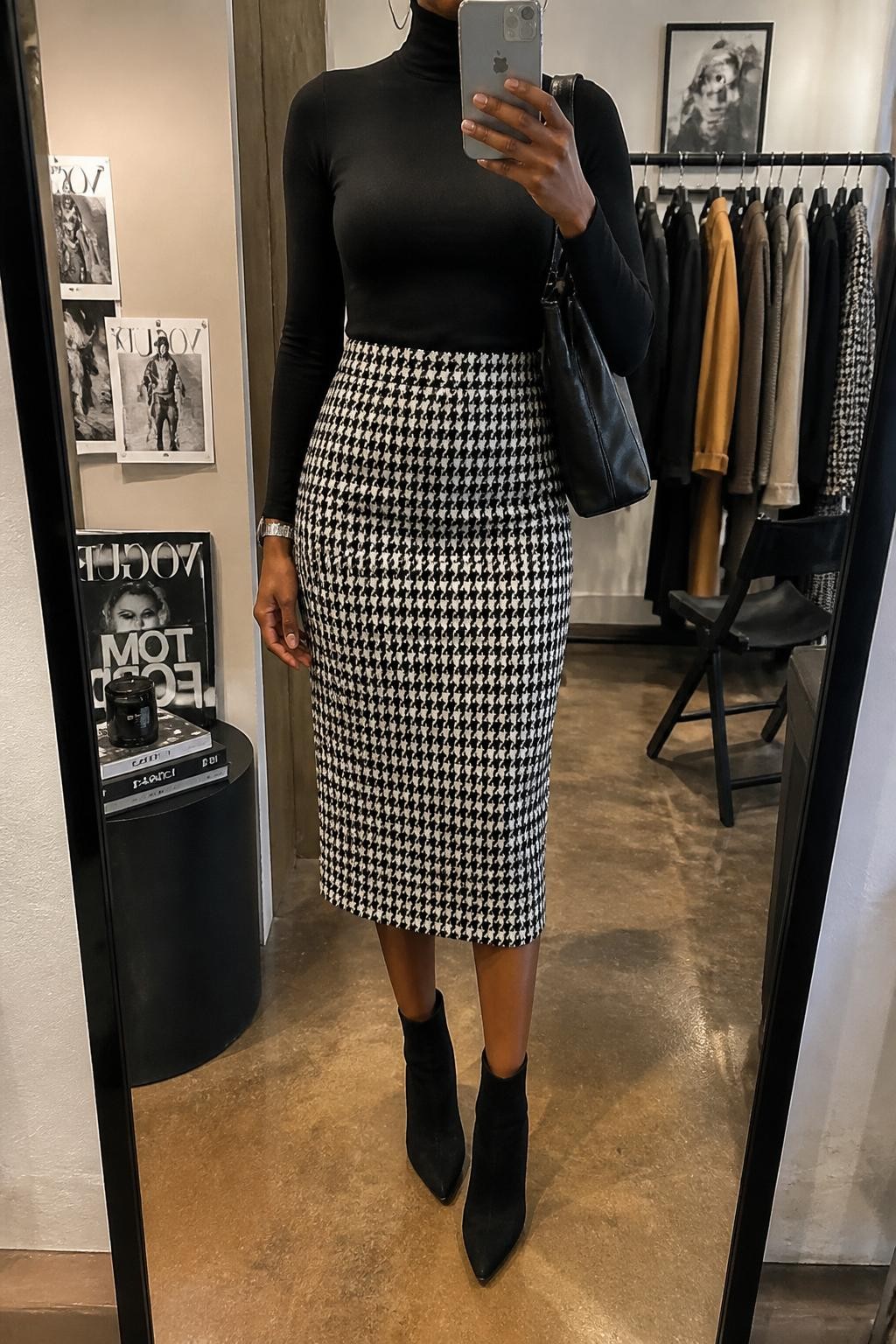 Mirror selfie of a Black woman wearing a fitted black turtleneck, black and white houndstooth midi skirt, black suede ankle boots, silver hoop earrings, and a black leather tote, cropped at neck so the face does not show, in a fashion studio mirror corner with warm indoor lighting, a clothing rack with garments behind and fashion magazines on a side table, realistic latest iPhone photo quality.