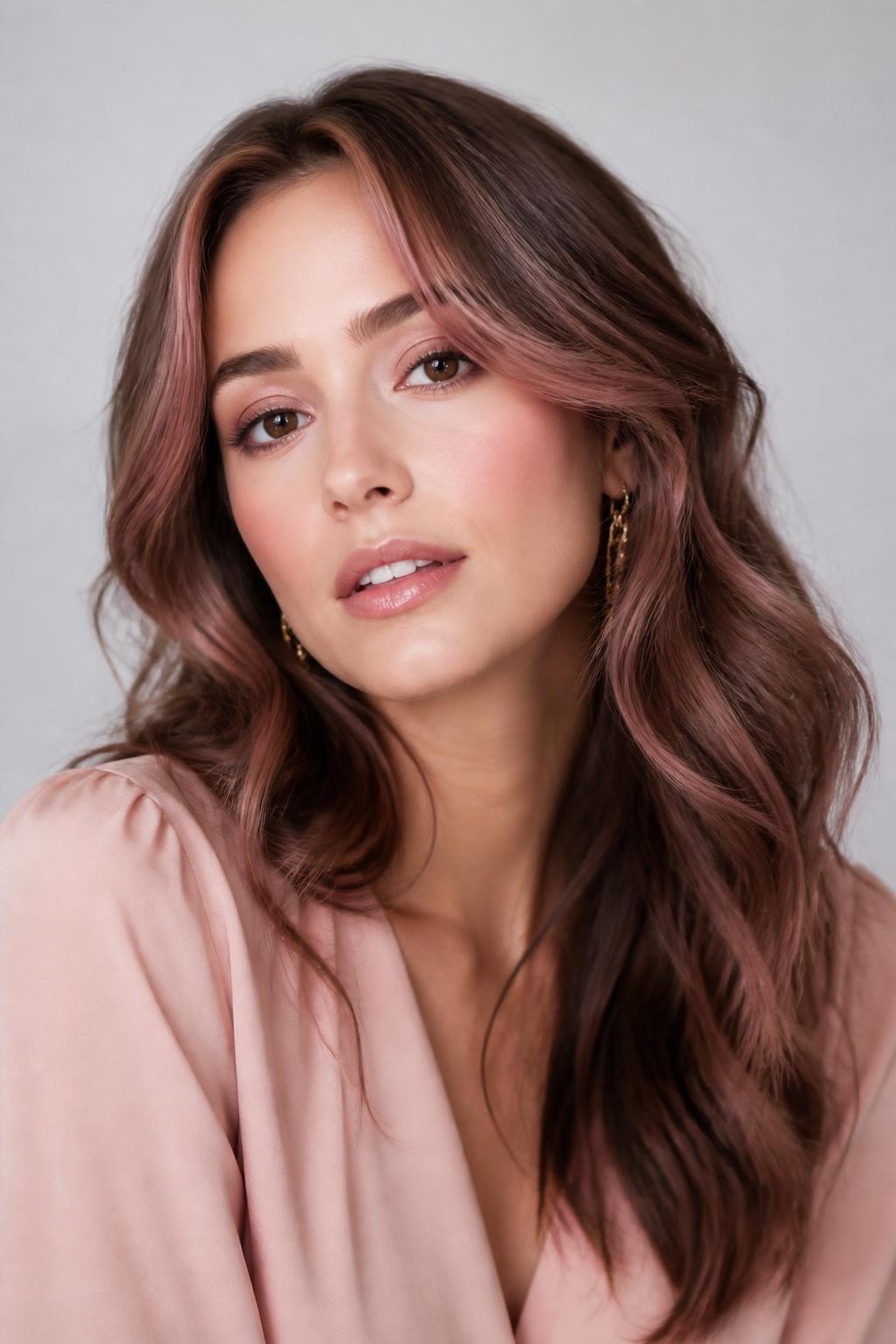 Image Prompt: A pretty woman with fair skin and medium brown hair with rose brown highlights, muted rosy-brown pieces placed through loose waves and around the face, soft pink-toned makeup, glossy nude lips, delicate gold earrings, blush pink blouse, clean studio background, soft diffused lighting, realistic DSLR beauty portrait, detailed rosy highlight contrast, no text, (no watermarks on images)
