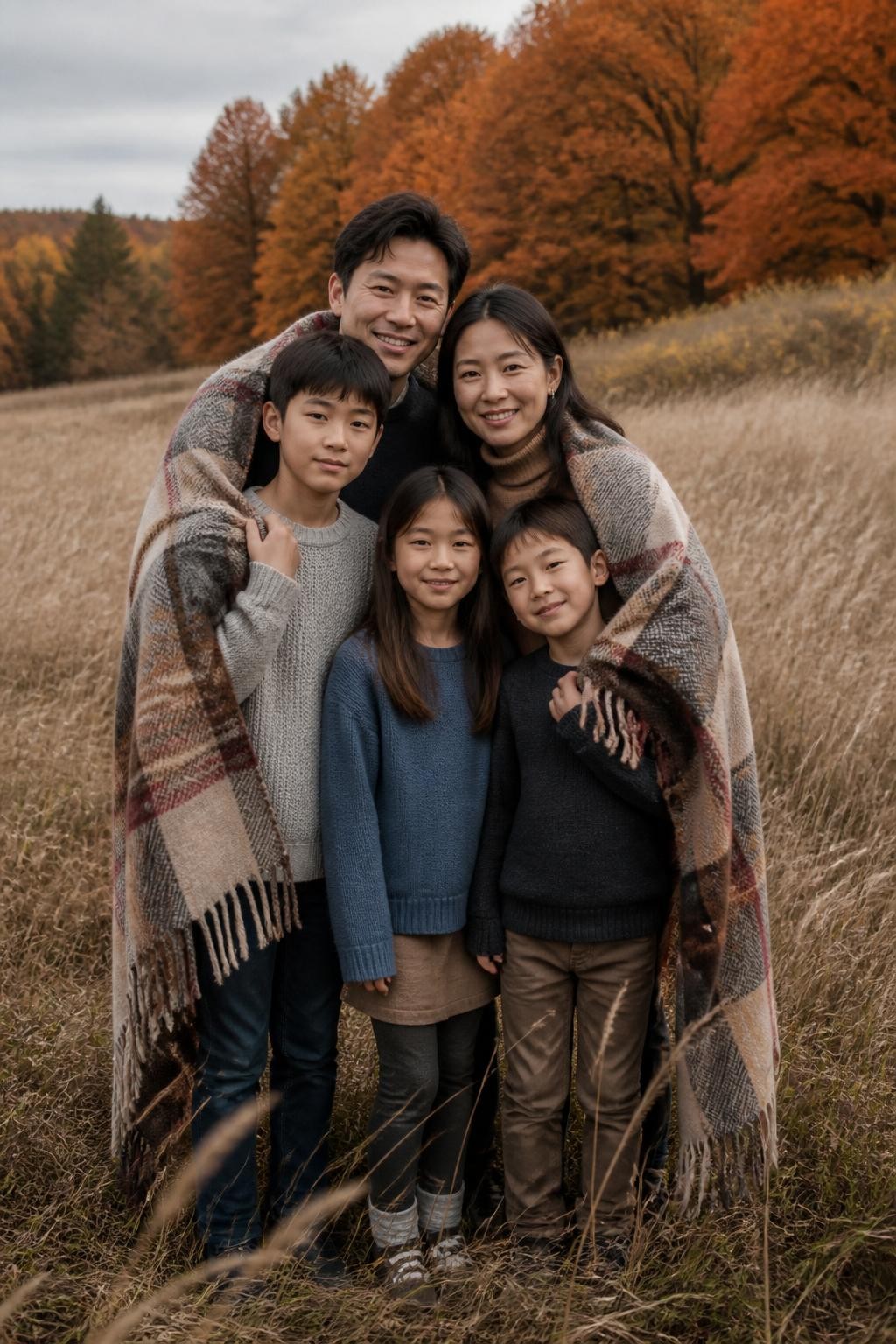 Image Prompt: An East Asian family of five standing close together in a wide meadow bordered by amber and orange trees, two parents with three children aged six to fourteen, everyone gathered beneath one oversized brown, cream, and muted-red plaid wool blanket, the parents positioned at the back with the children tucked naturally in front, one child holding the blanket near the shoulder while another leans against a parent, coordinated clothing in soft beige, charcoal, dusty blue, and brown, tall dry grass moving gently in the wind, overcast afternoon light, photographed with a DSLR 70mm lens from chest height, clear faces, detailed wool texture, natural wind movement, realistic family spacing, no staged picnic setup, no exaggerated expressions.