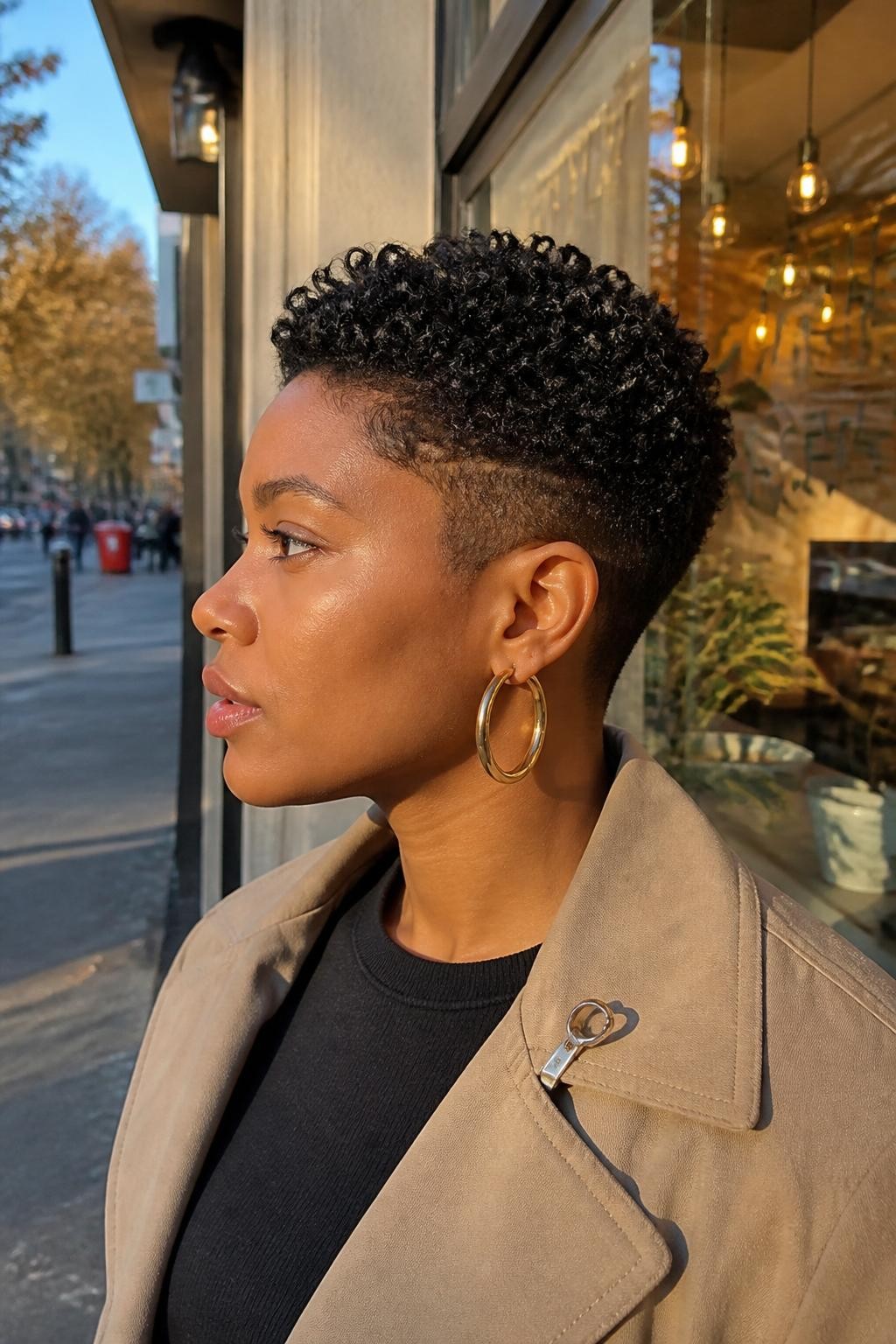 Image prompt: Photo of a Black woman wearing a tapered natural haircut with glossy finger coils, short shaped sides, and soft height at the crown, side profile view, softly blurred city street background with a café window behind her, golden hour glow, containing bold hoop earrings and a small hair clip attached to her jacket collar, realistic candid fall moment, latest iPhone photo quality.