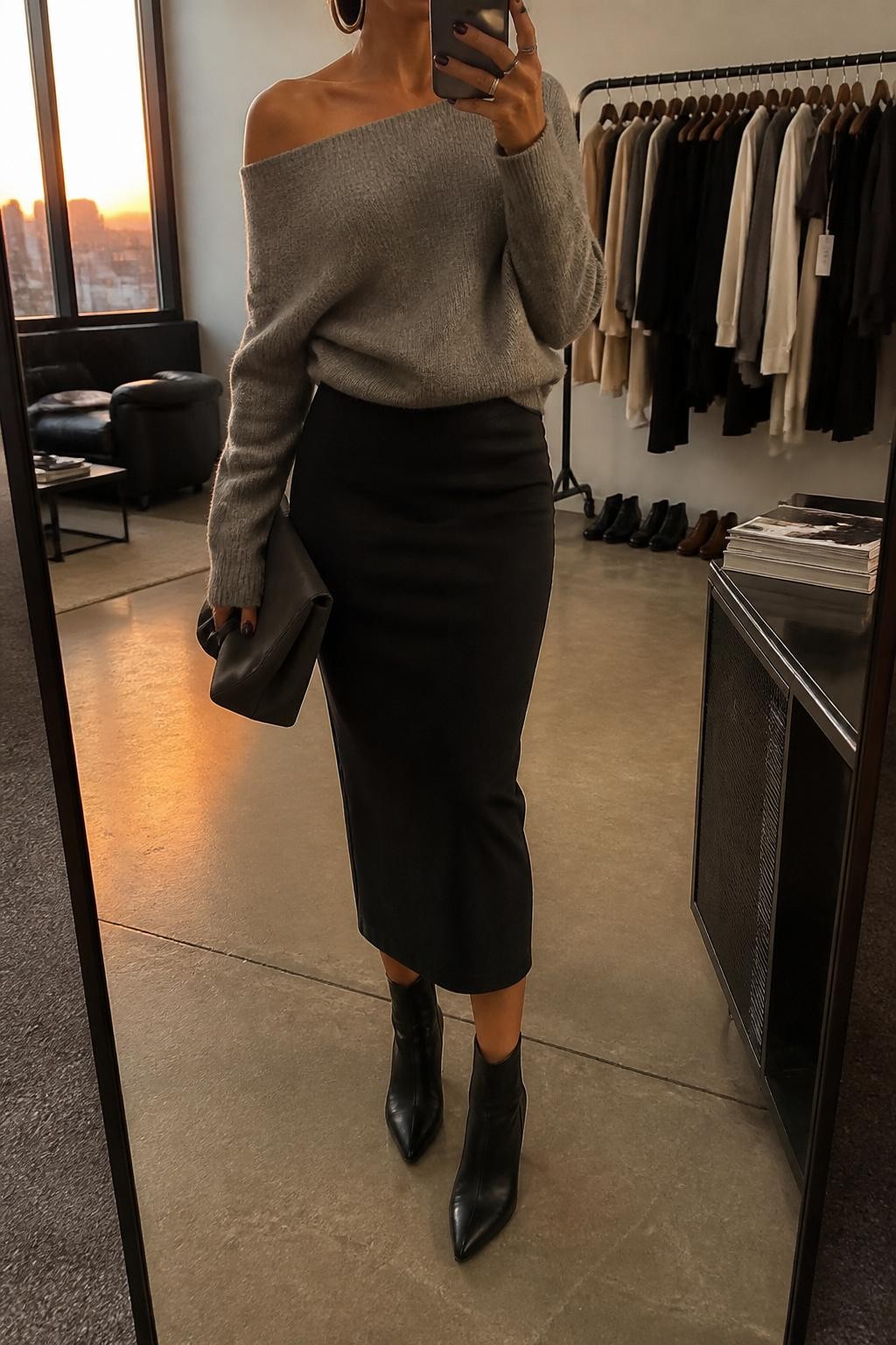 Mirror selfie of a woman wearing a soft gray off-shoulder knit sweater, black fitted midi skirt, black pointed ankle boots, silver hoop earrings, and a charcoal clutch bag, holding a phone in front of a mirror, cropped at NECK so the face does not show, relaxed casual selfie pose, in a fashion studio mirror corner, evening golden hour, with a clothing rack with garments behind and a stack of fashion magazines on a side table, latest iPhone photo quality.