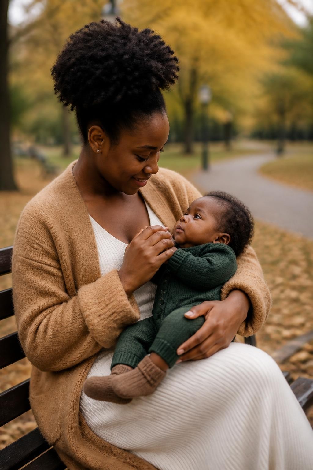 Image Prompt: A Black mother sitting on a park bench with her six-month-old baby held securely against her chest, the mother wearing a soft camel cardigan over a cream dress and the baby wearing a forest-green knit romper with warm socks, the baby resting comfortably in the curve of her arm while looking up toward her face, the mother smiling down and gently touching the baby’s hand, golden leaves and a quiet walking path behind them, soft overcast afternoon light, photographed from a slight side angle with a DSLR 85mm lens, detailed dark skin tones, natural hair texture, realistic hand support beneath the baby, visible sweater fibers, soft background blur, no unsupported upright pose, no forced face-to-camera position.