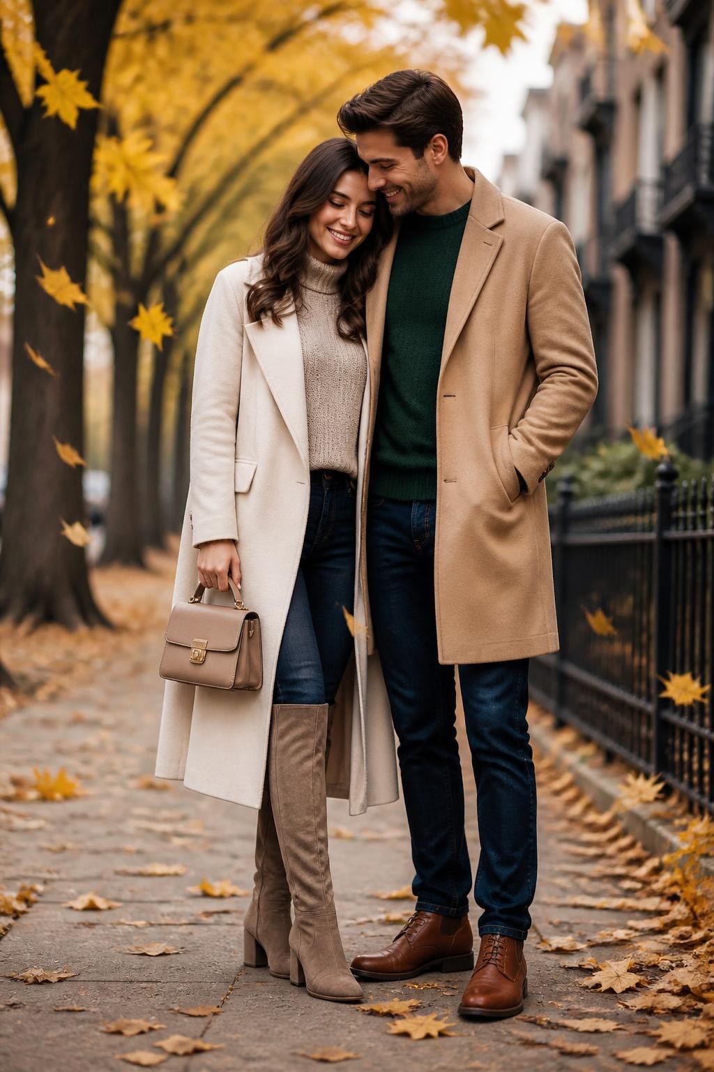 Elegant fall couples photoshoot of a woman wearing a cream longline coat, beige turtleneck sweater, dark skinny jeans, taupe knee-high boots, and a tan mini handbag, standing with her partner wearing a forest green sweater, camel wool coat, dark jeans, and brown leather boots, in front of a tree-lined street with yellow leaves falling, natural window-like daylight, DSLR photo quality, close affectionate pose, beautiful faces visible.