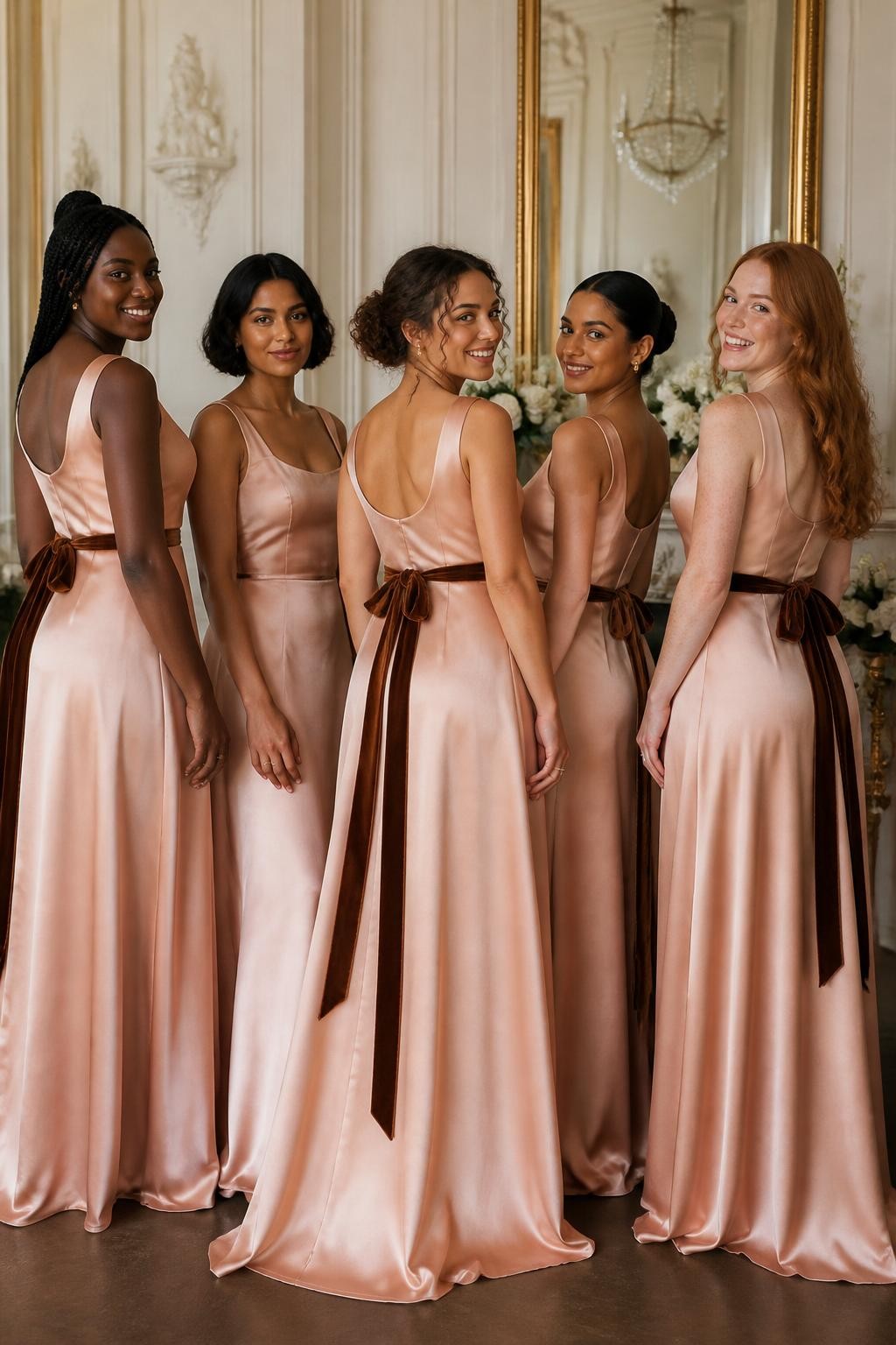 Realistic editorial wedding photograph of five bridesmaids wearing peach satin gowns with clean scoop and square necklines, elongated fitted bodices, fluid A-line skirts, and narrow mocha-brown velvet ribbons tied into soft trailing bows at the waist or lower back, women with deep ebony, dark warm brown, caramel, South Asian olive, and fair freckled skin tones, naturally varied body shapes and heights, bright confident faces with realistic skin texture and individually suited makeup, hairstyles including natural curls, long braids, short bob, polished bun, and soft waves, standing in an elegant estate salon with cream walls, antique mirrors, ivory flowers, and soft window light, clear contrast between matte velvet and glossy satin, natural dress folds, believable ribbon ties, and relaxed poses.