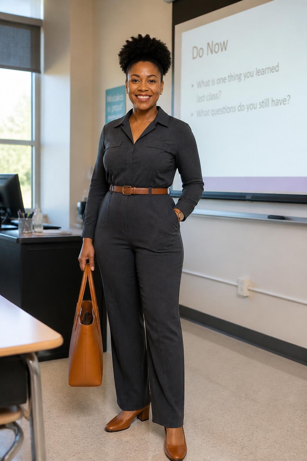 Realistic full-body DSLR fashion photo of a smiling Black female teacher wearing a charcoal long-sleeve tailored jumpsuit with a cognac leather belt, brown low block-heel shoes, gold stud earrings, and a cognac structured tote bag, standing at the front of a modern classroom near a projector screen, soft indoor and natural window lighting, exact outfit pieces visible, polished practical teacher style.