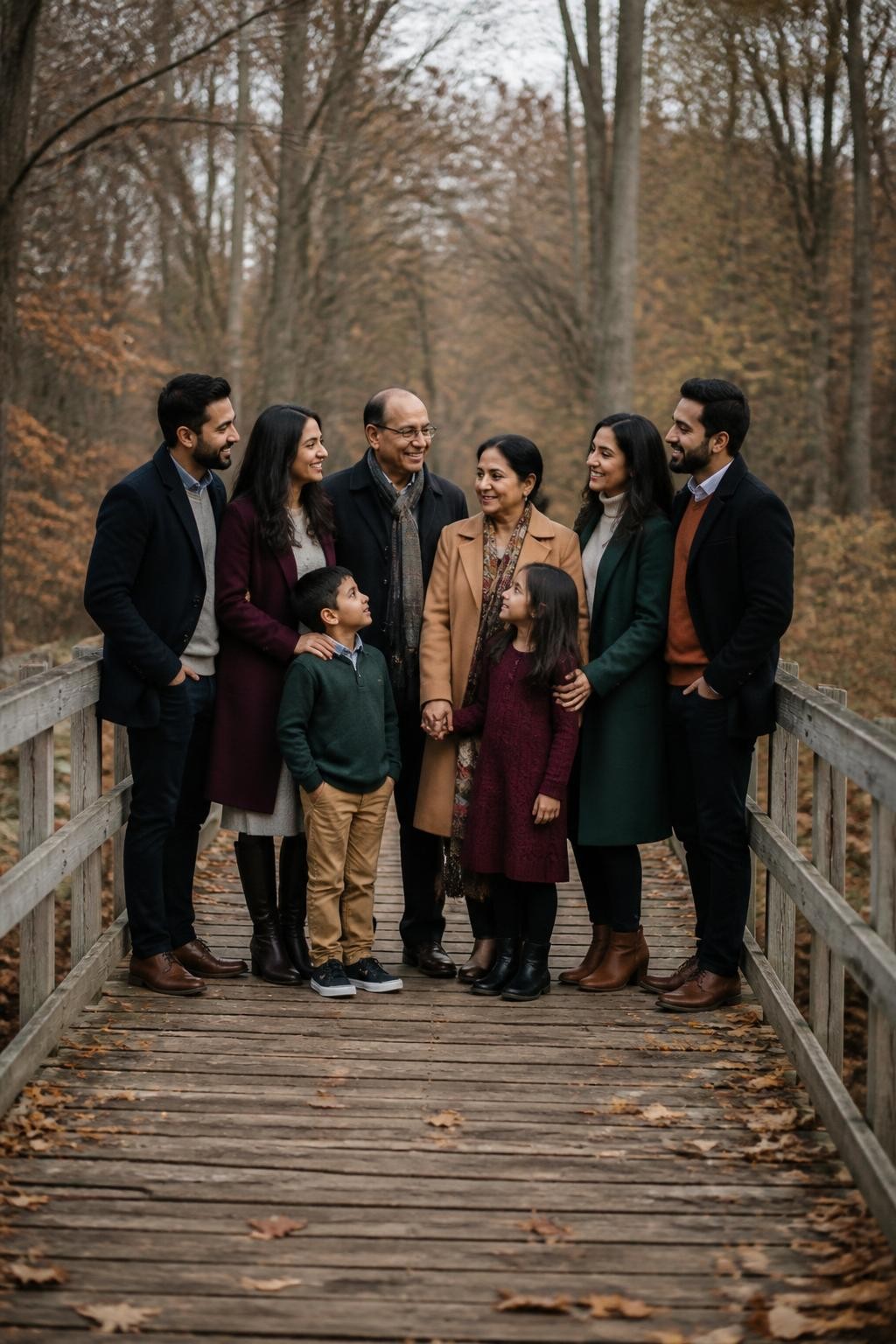 Image Prompt: A South Asian multigenerational family of seven standing along a narrow wooden footbridge surrounded by late-fall trees, grandparents positioned near the center, adult parents beside them, and three children arranged at slightly different heights without forming a straight line, coordinated clothing in plum, camel, navy, cream, dark green, and copper, a mix of long coats, knit dresses, trousers, scarves, and polished boots, everyone standing shoulder to shoulder with some family members turned slightly inward, one grandchild holding the grandmother’s hand, cloudy natural light, photographed with a DSLR 70mm lens from the far end of the bridge, realistic wood grain, clear faces, natural body proportions, subtle background blur, no symmetrical wedding-party pose.