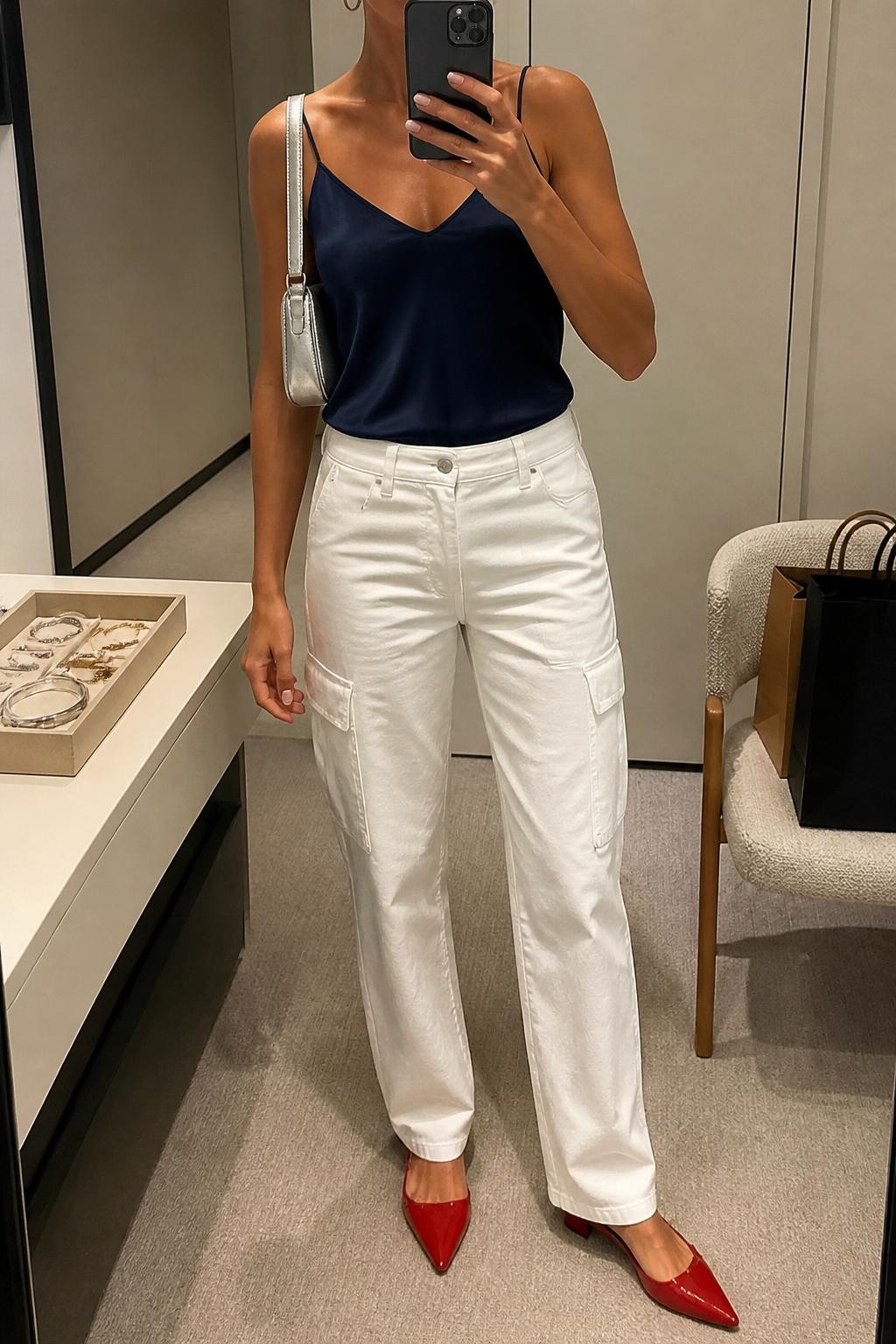mirror selfie of a woman wearing a navy satin camisole tucked into white relaxed straight-leg cargo pants, red pointed slingback flats, silver mini shoulder bag, and delicate silver hoop earrings, clearly showing the same clothing items, colors, fabrics, and accessories listed in the Outfit Pieces section, holding a phone in front of a mirror, cropped at NECK so the face does not show, with a relaxed casual selfie pose, in a minimal dressing room, soft indoor lighting, including a jewelry tray on the vanity and shopping bags beside a chair, latest iPhone photo quality.