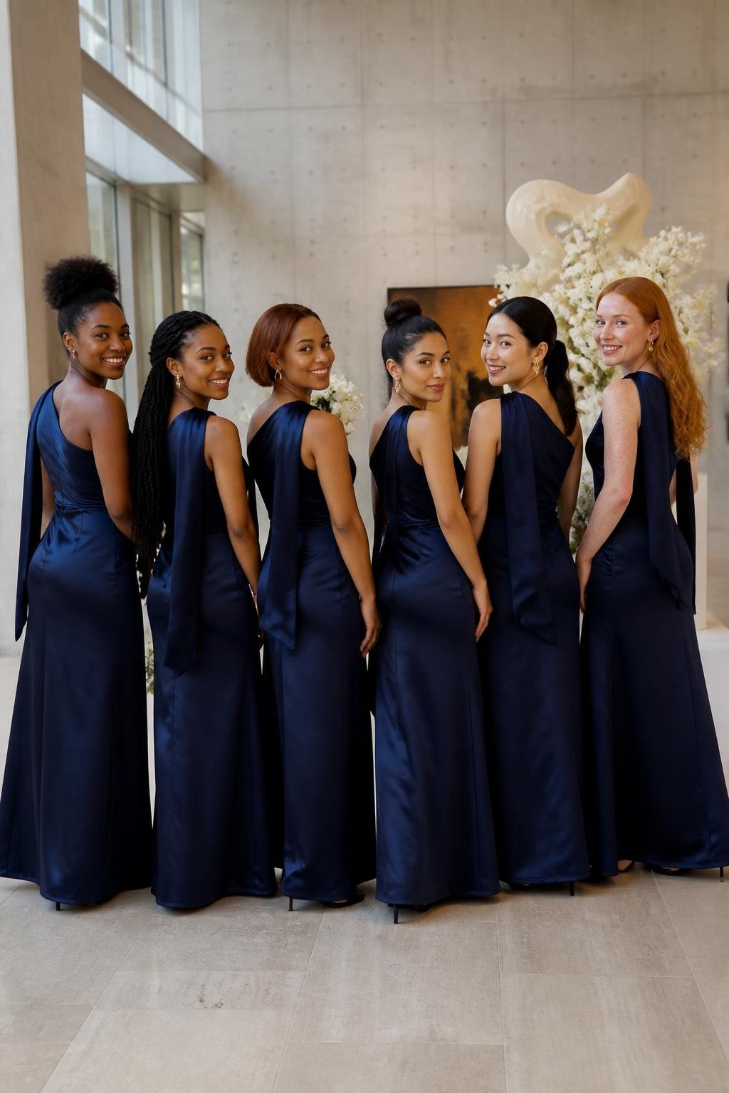 Realistic contemporary wedding photograph of six bridesmaids wearing matte navy satin column dresses with asymmetrical necklines and long softly structured bow-like panels tied at one shoulder, the fabric ends trailing gently down the upper back rather than forming stiff oversized bows, women with deep blue-black, dark warm brown, copper, golden olive, East Asian fair, and pale freckled complexions, varied shoulder widths, ages, and body shapes, bright confident faces with realistic skin texture and subtle makeup, hairstyles including a high curly puff, long twists, side-part bob, sculptural bun, sleek ponytail, and brushed waves, standing inside a modern art gallery with pale concrete walls, limestone floors, tall windows, and sculptural white floral arrangements, directional daylight revealing the folded neckline details, authentic seams, natural creasing, and relaxed group spacing.