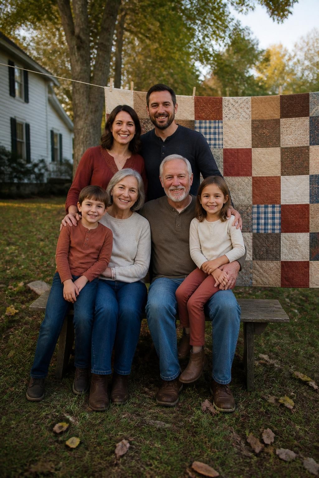Image Prompt: A white multigenerational family of six standing in a country backyard beside a clothesline displaying one handmade patchwork quilt in muted rust, cream, blue, and brown, grandparents seated on a simple wooden bench while two adult parents stand behind them and two young children lean against the grandparents, coordinated everyday clothing in soft neutrals and earthy fall shades, tall trees and an older farmhouse softly visible in the background, a few fallen leaves across the grass, late-afternoon side light, photographed with a DSLR 50mm lens at seated eye level, detailed quilt stitching, realistic fabric movement, natural expressions, modest lived-in setting, no decorative laundry display, no staged rustic wedding styling.