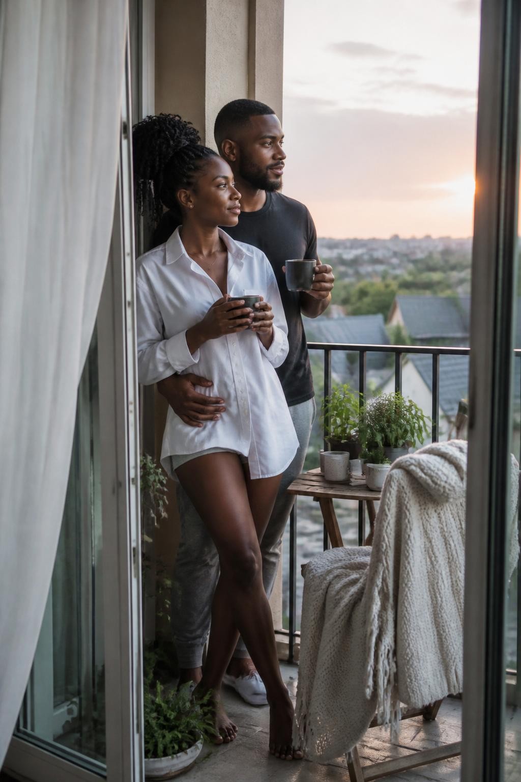 Image prompt: A cozy morning DSLR couple photo on a small apartment balcony, featuring a Black woman with deep brown skin wearing an oversized white shirt and soft lounge shorts, standing barefoot with a coffee mug, her partner behind her wrapping one arm around her waist while holding his own mug in the other hand, both looking out over the balcony view, potted herbs, a small bistro table, rumpled throw blanket on a chair, soft sunrise light, sheer curtain moving through the doorway, realistic skin texture, quiet romantic home mood, natural lifestyle photo.