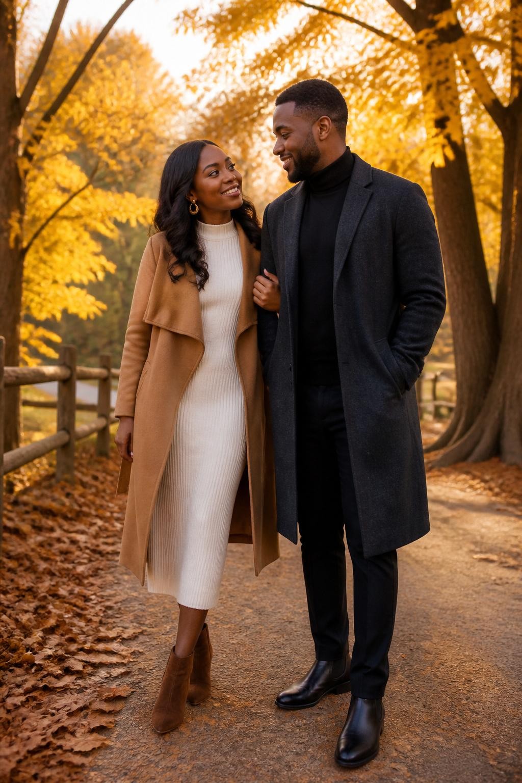 Romantic fall couples photoshoot of a Black woman wearing a cream ribbed knit midi dress, camel wool wrap coat, brown suede ankle boots, and gold hoop earrings, standing beside her partner wearing a charcoal wool overcoat, black turtleneck, dark straight-leg trousers, and black leather boots, surrounded by golden fall trees on a quiet park path, soft golden hour lighting, warm natural tones, DSLR photo quality, clear full-body outfit view, polished but natural pose, beautiful faces visible.