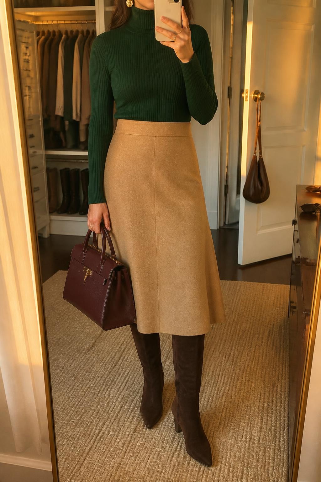 Mirror selfie of a woman wearing a fitted forest-green ribbed turtleneck, camel wool A-line midi skirt, dark brown suede knee-high boots, structured burgundy handbag, and small hammered-gold earrings, clearly showing the exact clothing items, colors, fabrics, and accessories listed, holding a phone in front of a walk-in closet mirror, cropped at the neck so the face does not show, relaxed confident selfie pose, evening golden-hour lighting, an open closet with clothes visible and a handbag hanging on a door handle, warm realistic atmosphere, latest iPhone photo quality.
