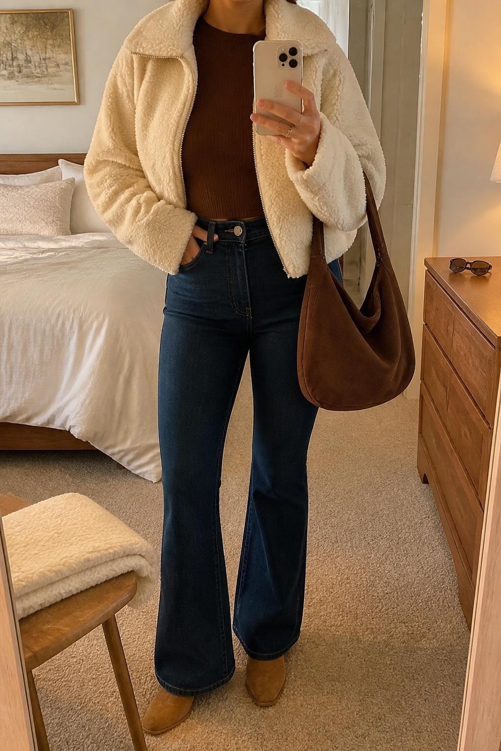 Mirror selfie of a woman wearing high-waisted dark blue flared jeans, a fitted chocolate-brown ribbed top, a cropped ivory faux-shearling jacket, tan suede block-heel boots, and a soft brown hobo bag, clearly showing the exact clothing items, colors, fabrics, and accessories listed, holding a phone in front of a cozy bedroom mirror setup, cropped at the neck so the face does not show, relaxed casual selfie pose, evening golden-hour lighting, a folded blanket on a chair and sunglasses placed on a dresser, cozy and uncluttered, latest iPhone photo quality.