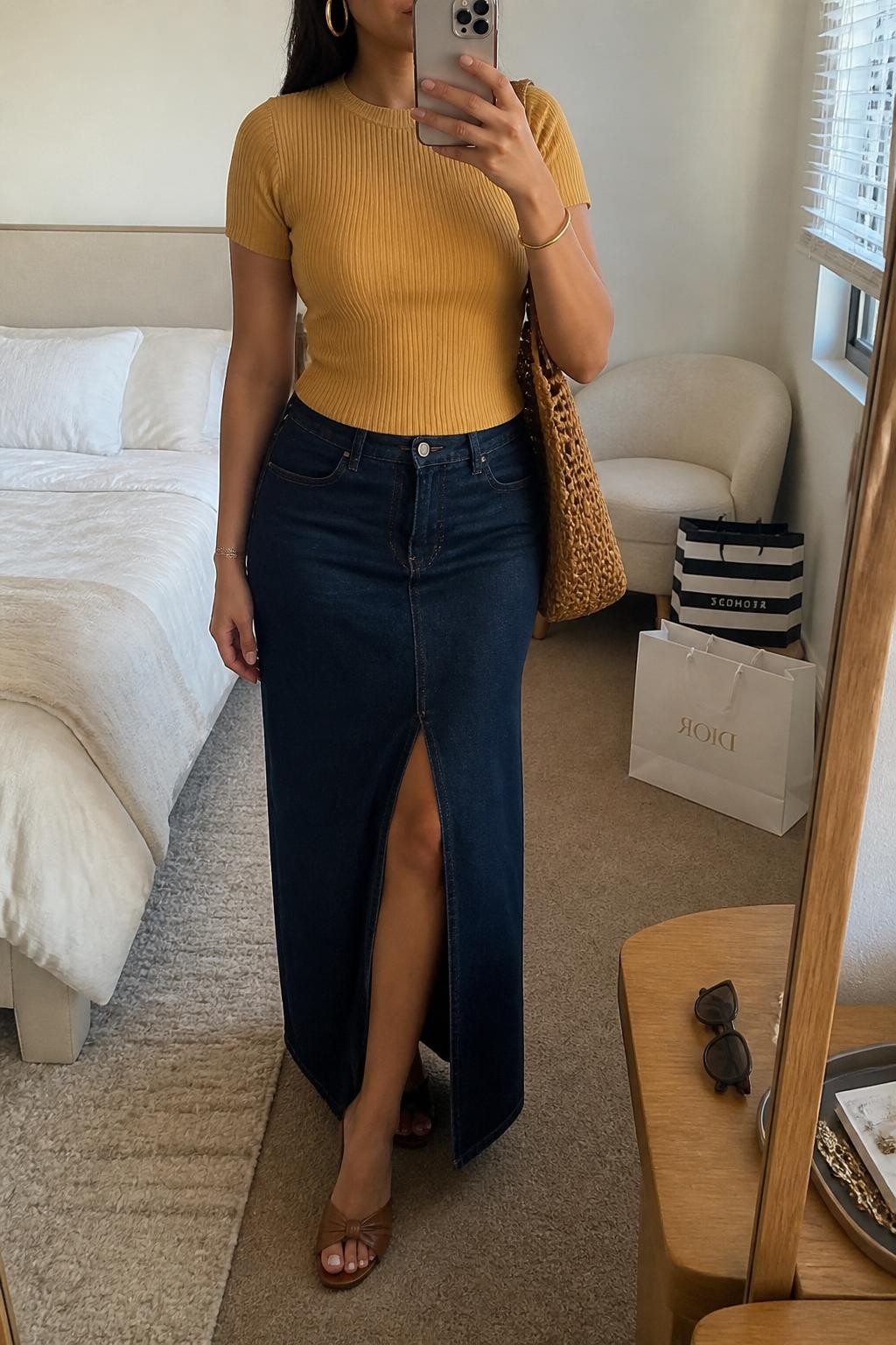 Mirror selfie of a Latina woman wearing a golden yellow fitted knit top, dark denim maxi skirt with a front slit, brown heeled mules, chunky gold hoops, and a tan woven shoulder bag, holding a phone in front of a mirror, cropped at NECK so the face does not show, relaxed casual selfie pose, in a cozy bedroom mirror setup, natural window light, with shopping bags beside a chair and sunglasses placed on a dresser, latest iPhone photo quality.