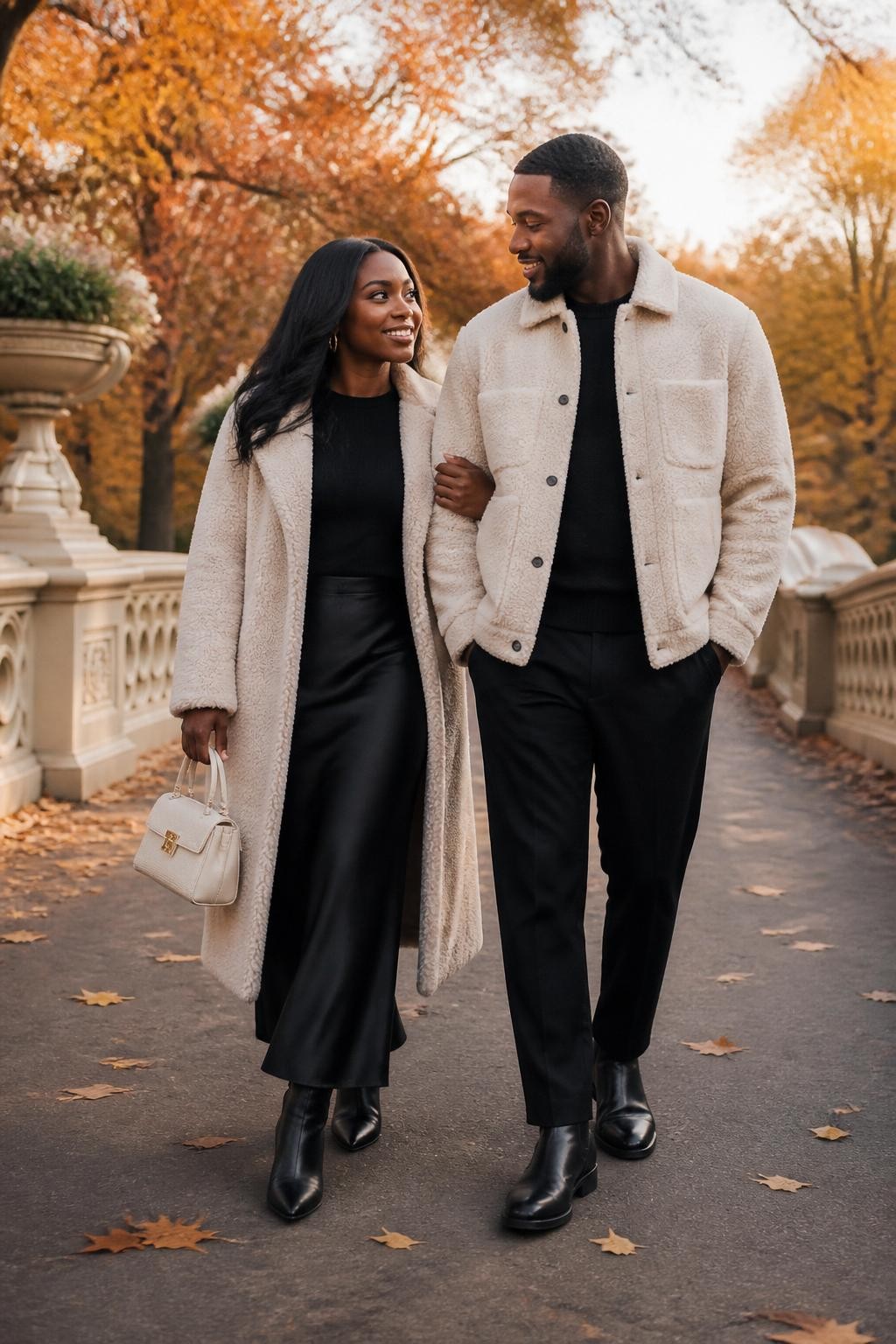 Elegant fall couples photoshoot of a Black woman wearing a black satin slip skirt, fitted black long-sleeve top, cream teddy coat, black pointed boots, and a small cream handbag, standing beside her partner wearing a cream sherpa jacket, black knit shirt, black trousers, and black leather boots, on a quiet bridge with orange leaves in the background, golden hour lighting, DSLR photo quality, romantic walking pose, beautiful faces visible.