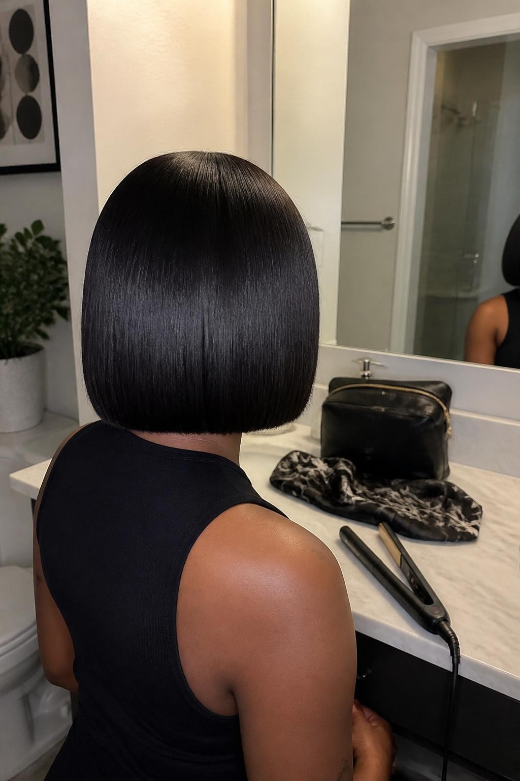 Image prompt: Photo of a Black woman wearing a glossy jaw-length box bob with a precise middle part and blunt straight ends, back-of-head view turned slightly toward a bathroom vanity mirror, soft indoor lighting, containing a flat iron on the counter and a satin scarf beside a makeup bag, realistic getting-ready moment, latest iPhone photo quality.