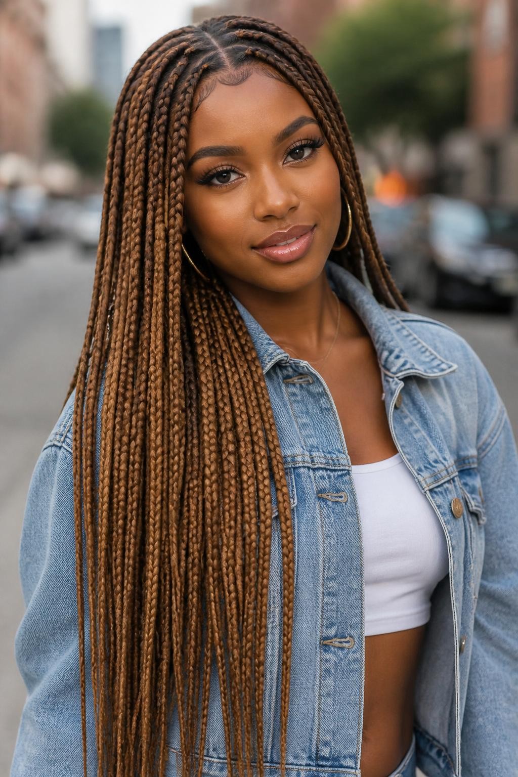 Image Prompt: A fashionable woman wearing long teddy bear brown box braids, waist-length braids in warm beige-brown and caramel-brown tones, neat square parts, smooth finished tips, softly styled baby hairs, medium-deep brown skin, glossy lips, gold hoop earrings, denim jacket over a white top, outdoor city background softly blurred, natural daylight, realistic lifestyle beauty portrait, detailed braid texture and warm brown color, no text, (no watermarks on images)