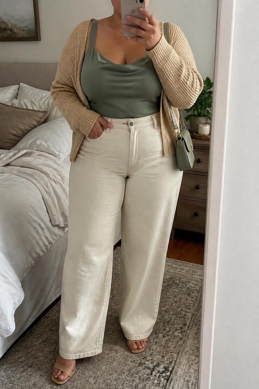 Mirror selfie of a plus size woman wearing ecru high-waisted wide-leg jeans, a sage green satin camisole with a softly draped neckline and wide supportive straps, a cropped beige knit cardigan worn open, nude block-heel sandals, and a small sage satin shoulder bag, clearly showing the exact clothing items, ecru denim, sage satin, beige knit, colors, footwear, and accessories listed, holding a phone in front of a mirror, cropped at the neck so the face is hidden, relaxed feminine selfie pose, in a cozy bedroom mirror setup with soft indoor lighting, soft pillows on an unmade bed and a small plant on a dresser, realistic brunch styling, latest iPhone photo quality.