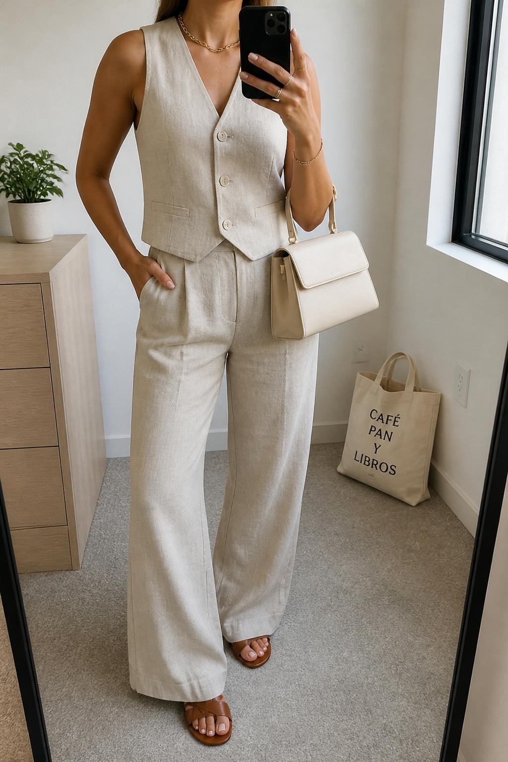 Mirror selfie of a Latina woman wearing a beige linen vest, matching beige high-waisted trousers, brown leather sandals, gold chain necklace, and a cream structured handbag, holding a phone in front of a mirror, cropped at NECK so the face does not show, relaxed casual selfie pose, in a minimal dressing room, natural window light, with a tote bag resting on the floor and a small plant on a dresser, latest iPhone photo quality.