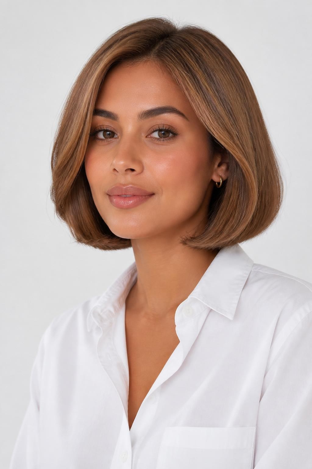Image Prompt: A pretty woman with a chin-length light teddy bear brown bob, smooth rounded bob shape with a soft bend at the ends, warm light brown hair color with beige caramel shine, medium skin tone, fresh natural makeup, glossy nude lips, small gold earrings, white button-up shirt, bright clean studio background, soft flattering lighting, realistic beauty editorial photography, detailed bob shape and creamy brunette shine, no text, (no watermarks on images)