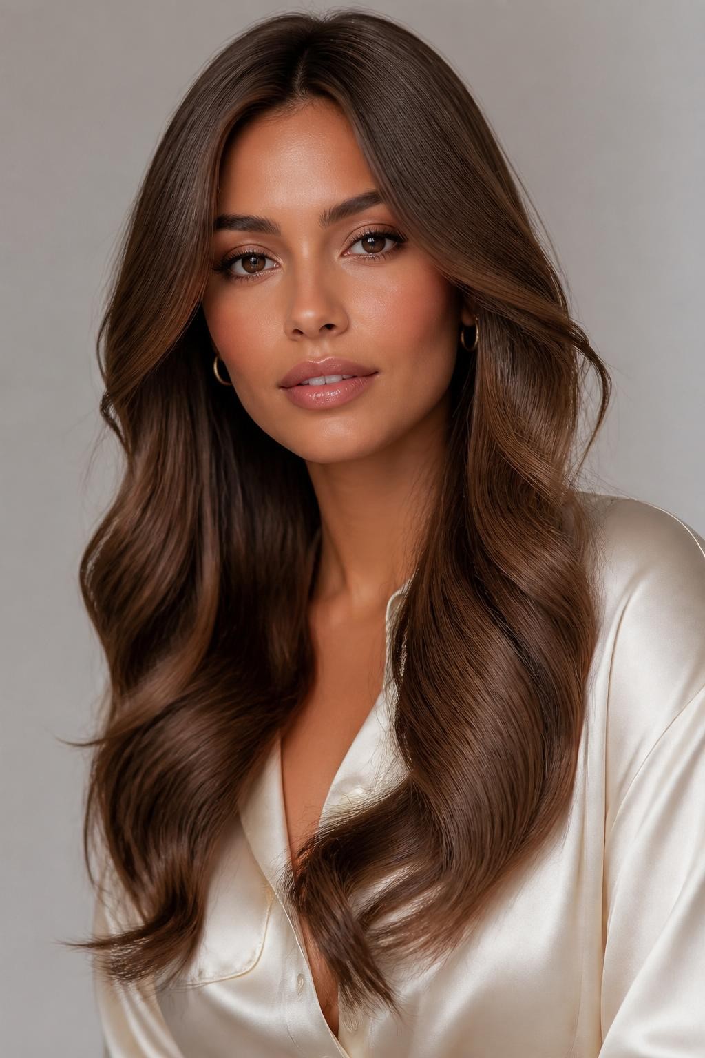 Image Prompt: A beautiful woman with long classic milk brown hair, soft creamy brown shade with beige undertones, center part, loose glossy waves, smooth healthy shine, warm medium skin tone, soft natural makeup, glossy nude lips, small gold hoop earrings, cream satin blouse, clean neutral studio background, soft diffused lighting, realistic DSLR beauty editorial portrait, detailed soft brunette shine and wave texture, no text, (no watermarks on images)
