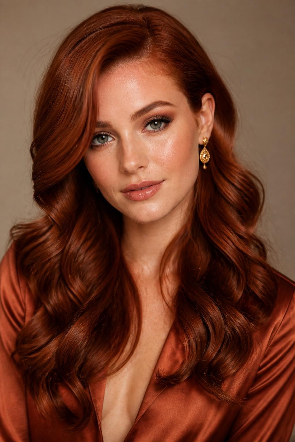 Image Prompt: A gorgeous woman with fair skin and long auburn red waves, rich red-brown shade with copper undertones, deep side part, soft loose curls, warm glam makeup, glossy nude lips, gold earrings, rust satin blouse, clean studio background, warm diffused lighting, realistic DSLR beauty portrait, detailed auburn red shine and wave texture, no text, (no watermarks on images)