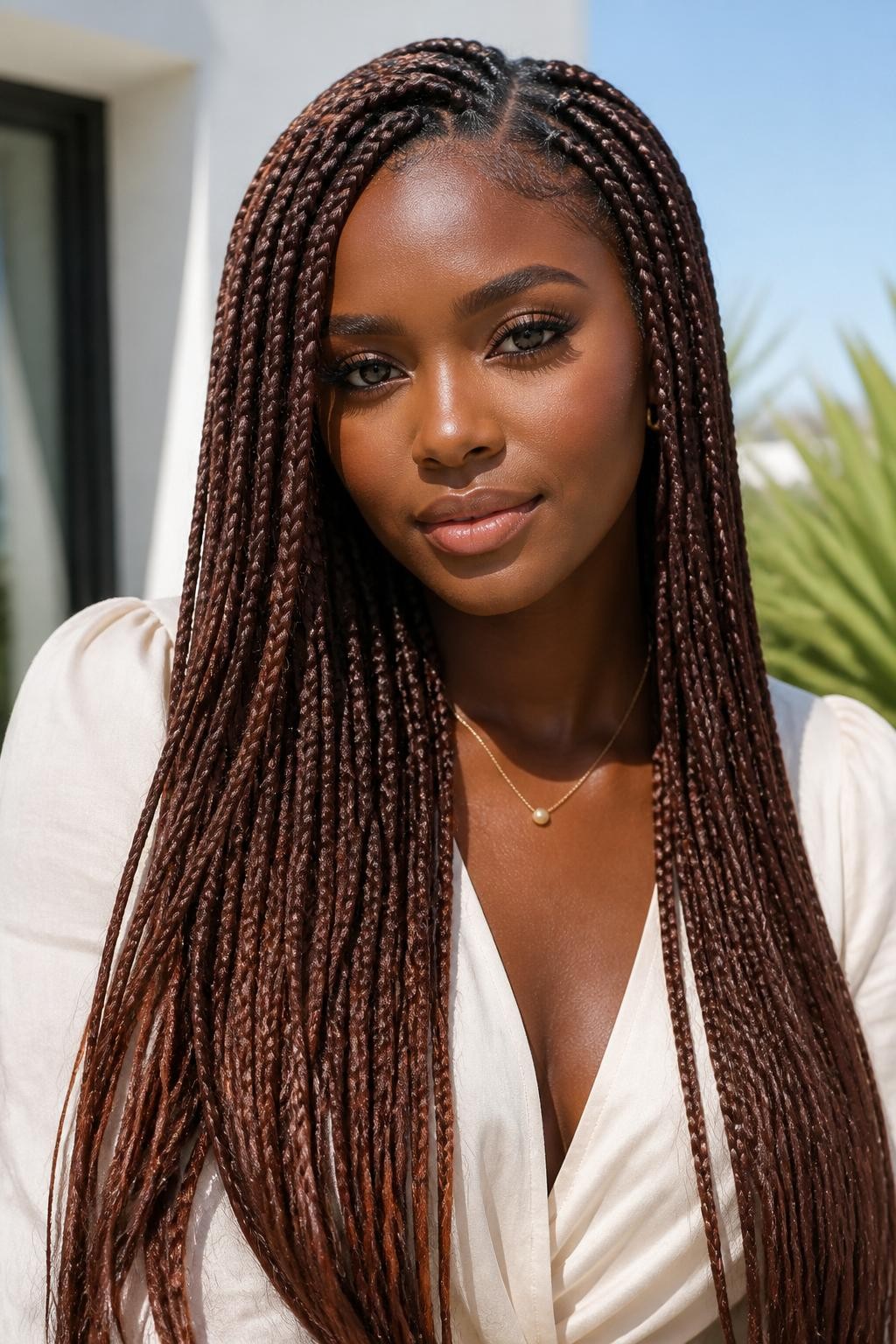 Image Prompt: A gorgeous woman with extra-long rose brown knotless braids, lightweight natural-looking roots, clean scalp parts, smooth braids flowing over the shoulders, muted rosy brown braid color, deep brown skin, soft glam makeup, glossy nude lips, delicate gold jewelry, cream blouse, bright natural daylight, clean airy outdoor background, realistic beauty editorial photo, detailed braid texture, polished finish, no text, (no watermarks on images)