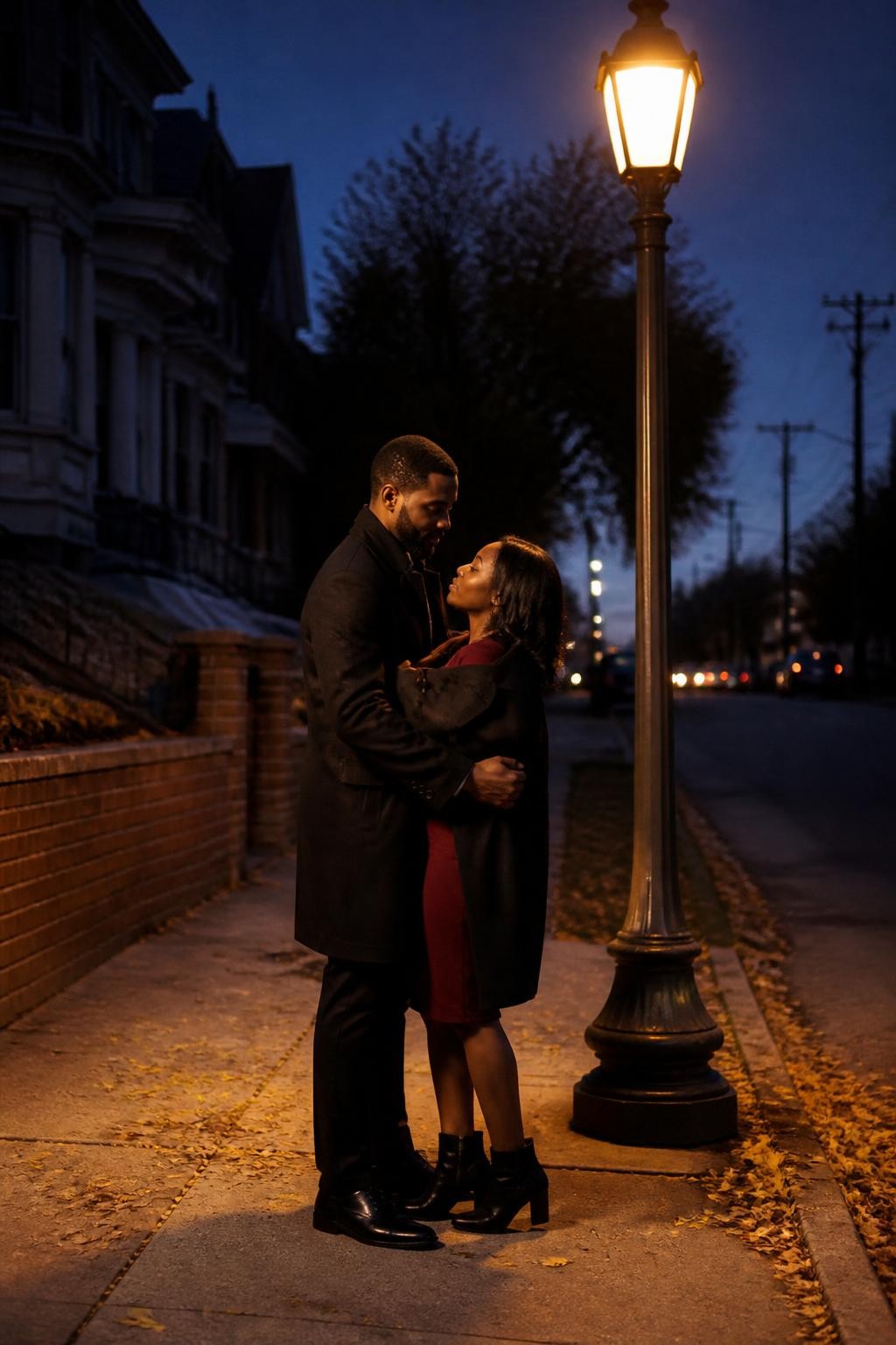 Image Prompt: A stylish Black couple standing beneath an old-fashioned streetlight on a quiet neighborhood sidewalk shortly after sunset, fallen yellow leaves gathered along the curb, the woman facing the man with both arms inside his open wool coat while he wraps the coat gently around her, she wears a fitted burgundy dress and ankle boots, he wears a dark overcoat and trousers, warm streetlight illuminating the edges of their faces while cool evening light remains in the background, photographed with a DSLR 50mm lens, realistic low-light grain, natural city setting, soft expressions, accurate shadows, no empty movie-set street.