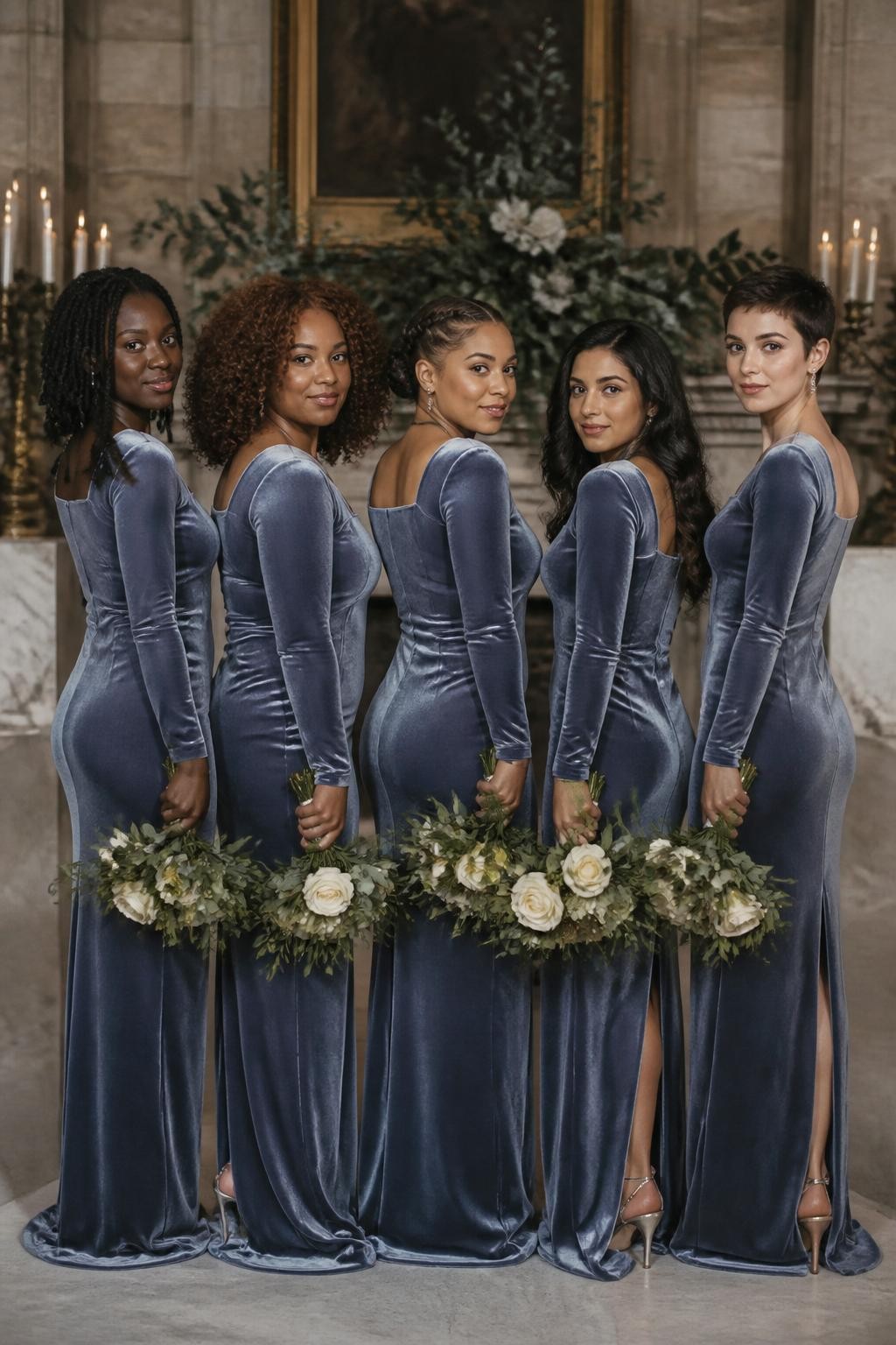 Realistic winter wedding portrait of five bridesmaids wearing rich dusty blue velvet column gowns with wide square necklines, fitted waists, long sleeves, and subtle back slits, women with very deep brown, warm mahogany, medium golden, olive, and pale rosy skin tones, bright elegant faces with realistic skin texture and softly defined makeup, hairstyles including shoulder-length locs, sculpted curls, a braided low bun, glossy waves, and a short pixie cut, standing inside a historic reception hall decorated with taper candles, ivory roses, silver accents, and dark greenery, soft side lighting revealing the velvet pile and natural tonal changes, believable creases around the elbows and waist, refined DSLR editorial photography.