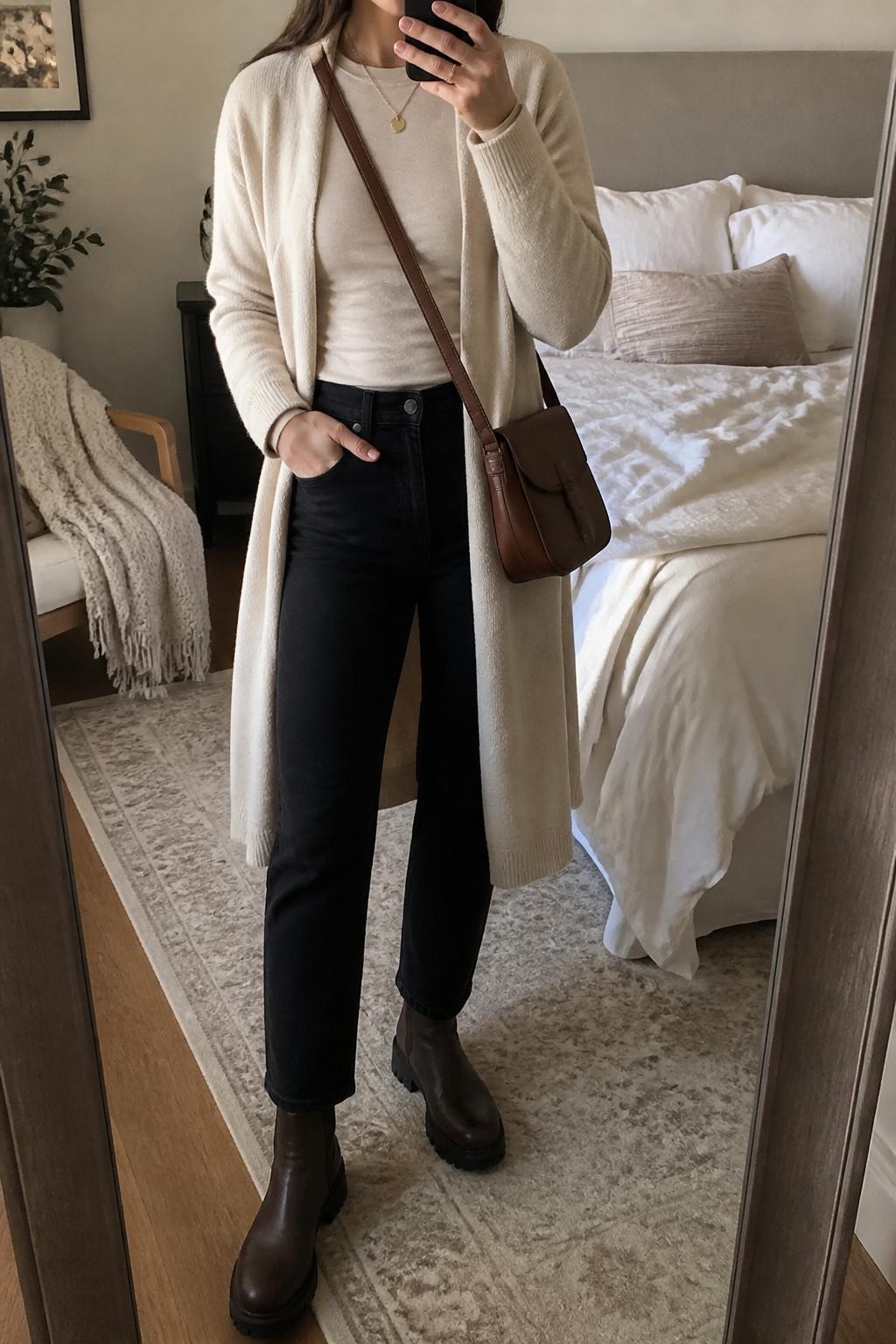 mirror selfie of a woman wearing the exact outfit described above, clearly showing dark brown lug-sole boots, black slim straight-leg jeans, a fitted oatmeal long-sleeve top, a cream long coatigan, a brown leather crossbody bag, and gold pendant necklace, holding a phone in front of a mirror, cropped at NECK so the face does not show, with a relaxed casual selfie pose, in a cozy bedroom mirror setup, soft indoor lighting, with soft pillows on an unmade bed and a folded blanket on a chair, latest iPhone photo quality.