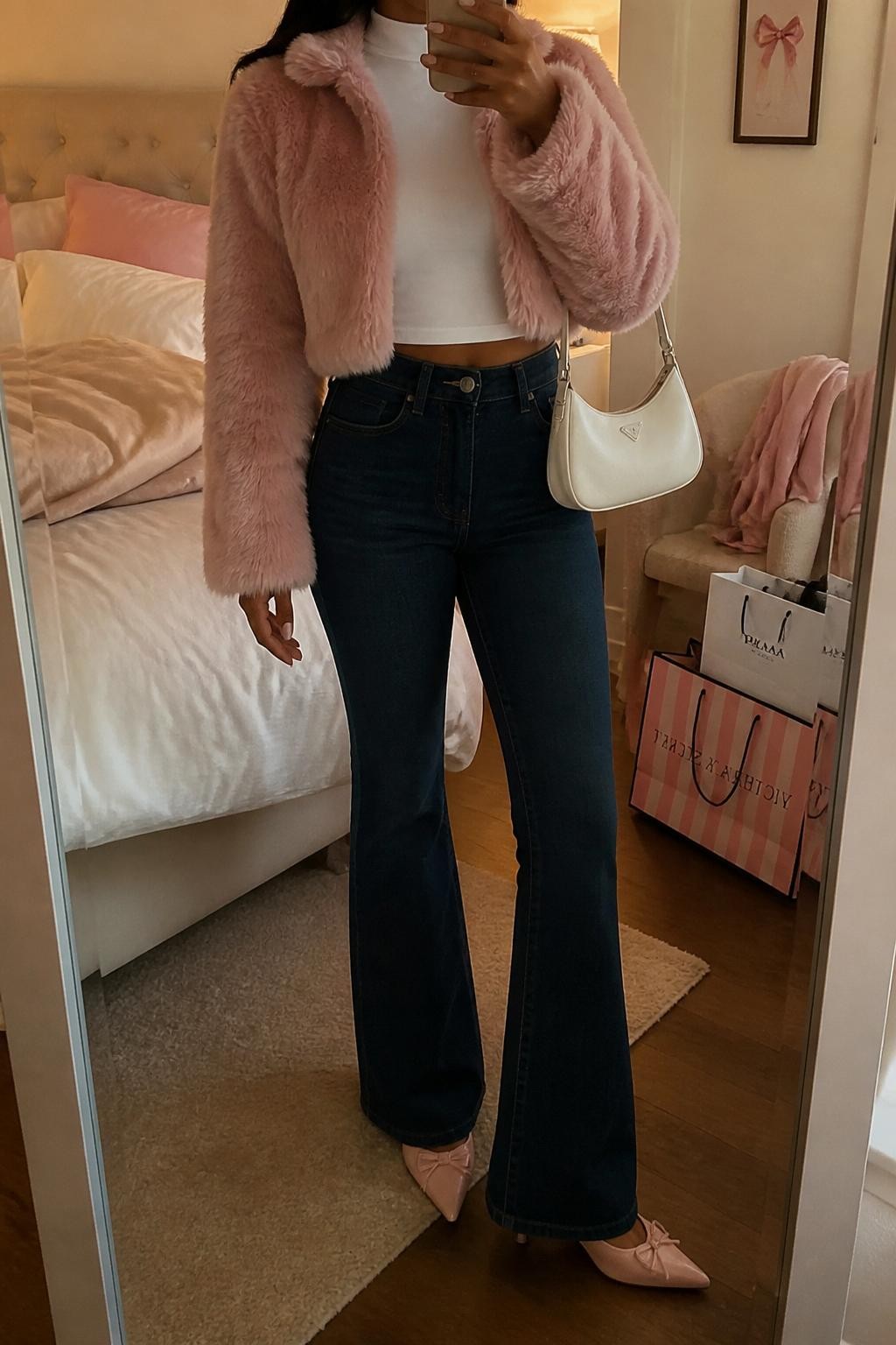 mirror selfie of a Black woman wearing a dusty pink cropped faux fur coat, white fitted mock neck top, dark indigo flared jeans, pink pointed kitten heels, and a white mini shoulder bag, clearly showing the same clothing items, colors, fabrics, and accessories listed in the Outfit Pieces section, holding a phone in front of a mirror, cropped at NECK so the face does not show, with a relaxed casual selfie pose, in a feminine-themed bedroom, evening golden hour, including soft pillows on an unmade bed and shopping bags beside a chair, latest iPhone photo quality.