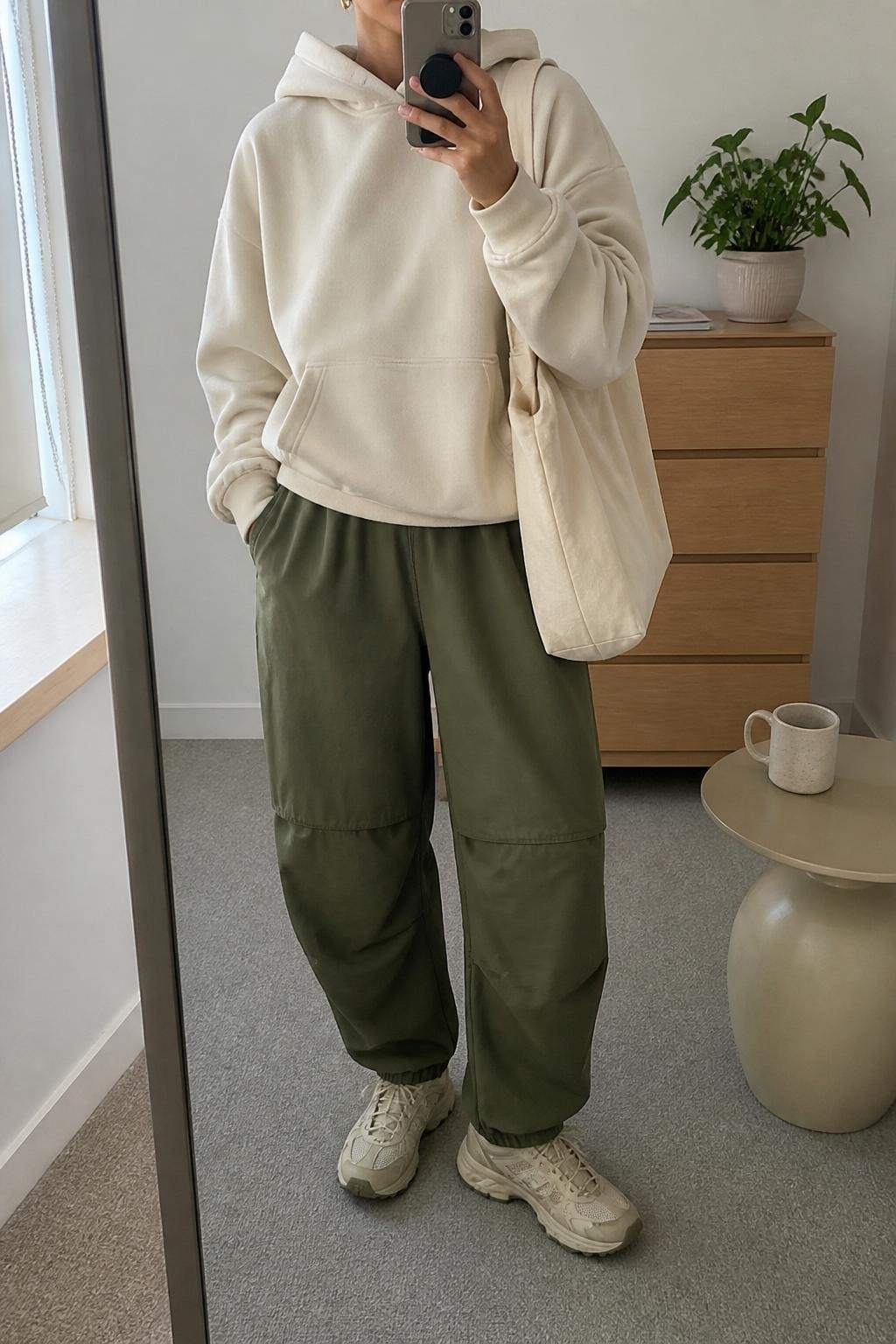 Mirror selfie of a woman wearing a cream oversized hoodie, olive green parachute pants, beige trail sneakers, gold stud earrings, and a cream canvas tote bag, holding a phone in front of a mirror, cropped at NECK so the face does not show, relaxed casual selfie pose, in a minimal dressing room, natural window light, with a small plant on a dresser and a coffee mug on a side table, latest iPhone photo quality.