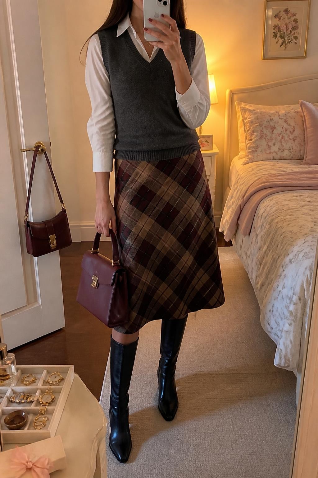 Mirror selfie of a woman wearing a charcoal-grey V-neck sweater vest layered over a fitted white cotton shirt, burgundy and camel plaid wool midi skirt, black leather knee-high boots, and a structured burgundy handbag, clearly showing the exact clothing items, colors, fabrics, and accessories listed, holding a phone in front of a feminine-themed bedroom mirror, cropped at the neck so the face does not show, relaxed casual selfie pose, evening golden-hour lighting, a jewelry tray on the vanity and a handbag hanging on a door handle, warm realistic setting, latest iPhone photo quality.