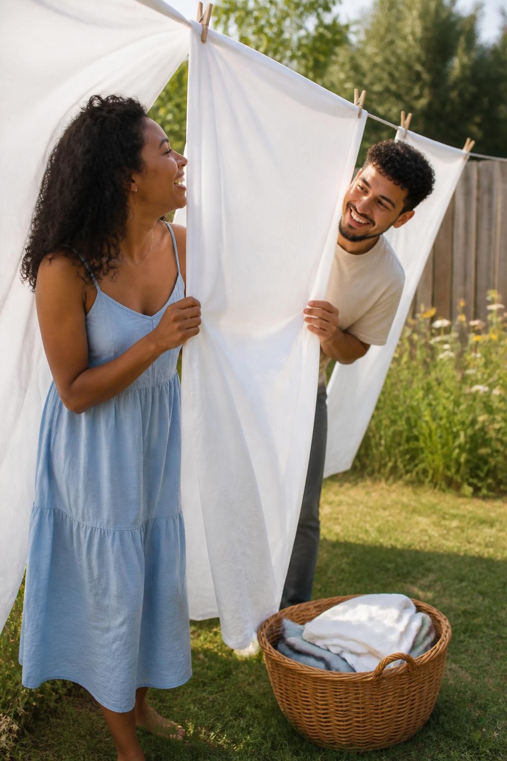 Image prompt: A soft outdoor DSLR photo of an adult couple in a sunny backyard with white sheets hanging on a clothesline, featuring a Black woman with warm brown skin wearing a light blue sundress, peeking from one side of a clean white sheet while her partner peeks from the other side, both laughing as the sheet moves in the breeze, basket of folded laundry on the grass, wooden clothespins, wildflowers near the fence, warm daylight, realistic fabric folds, natural skin texture, playful home couple photography with a sweet everyday feel.