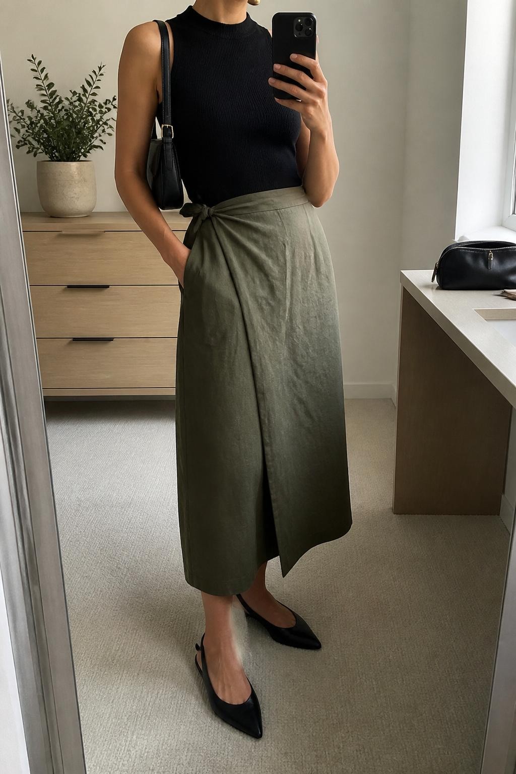mirror selfie of a woman wearing the exact outfit described above, clearly showing an olive linen wrap midi skirt, black sleeveless fine-knit top tucked in, black pointed slingback flats, a small black shoulder bag, and gold stud earrings, holding a phone in front of a mirror, cropped at NECK so the face does not show, with a relaxed casual selfie pose, in a minimal dressing room, natural window light, with a small plant on a dresser and a makeup pouch on the counter, latest iPhone photo quality.