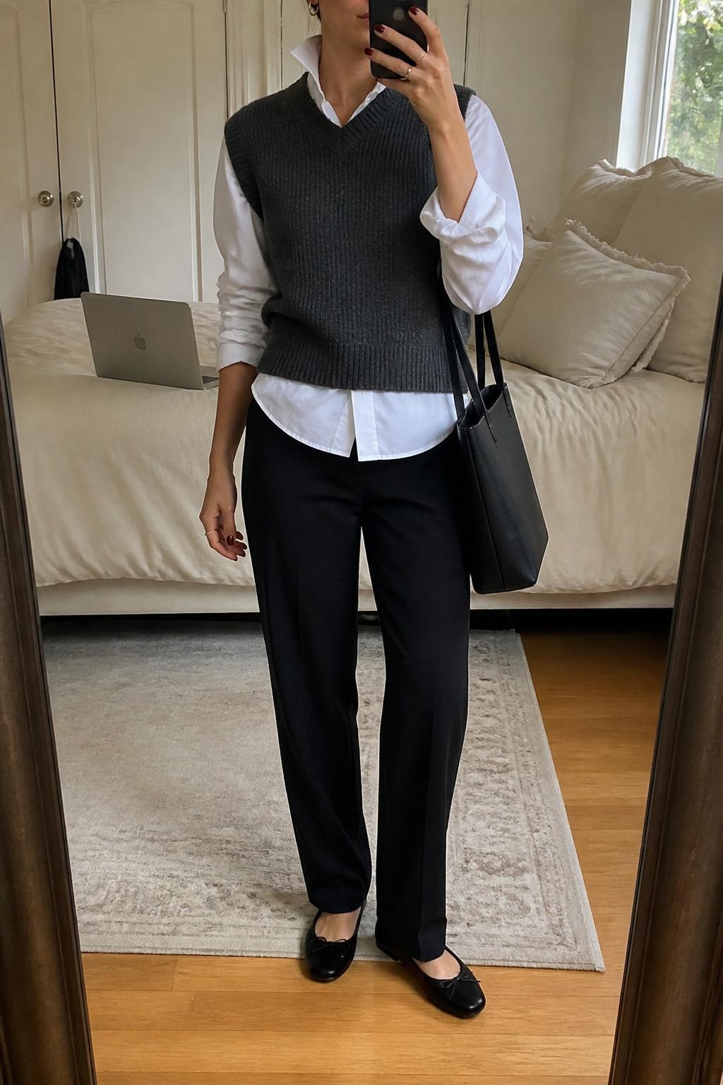 Mirror selfie of a woman wearing a charcoal sweater vest layered over a crisp white poplin shirt, black straight-leg trousers, black ballet flats, silver small hoops, and a structured black tote, cropped at neck so the face does not show, in a cozy bedroom mirror setup with natural window light, a laptop on the bed and soft pillows on an unmade bed, realistic latest iPhone photo quality.