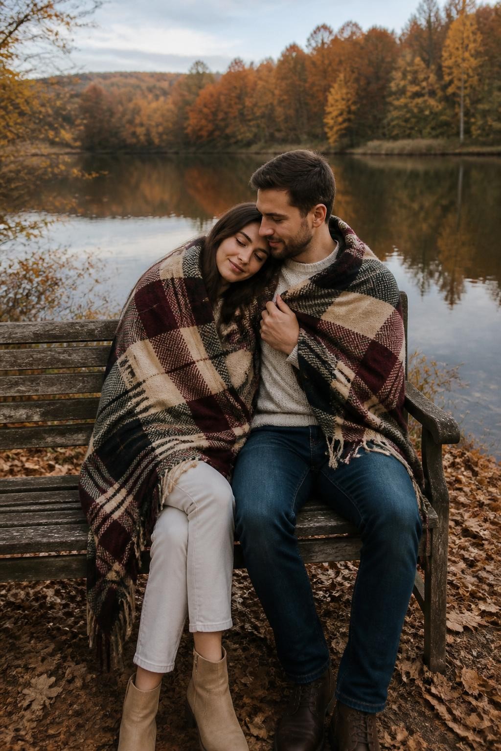Image Prompt: A romantic couple sitting close together on a weathered wooden bench beside a calm autumn lake, wrapped inside one oversized burgundy, cream, and forest-green plaid wool blanket, the woman leaning her head against the man’s shoulder while he gently holds the blanket closed around both of them, coordinated neutral knitwear visible underneath, dry leaves scattered around the bench, muted orange trees reflected in the water, soft cloudy daylight, photographed from a slight side angle with a 35mm DSLR lens, realistic lake reflections, natural facial expressions, textured wool fabric, true-to-life skin tones, peaceful fall atmosphere, no staged picnic props, no excessive background blur.