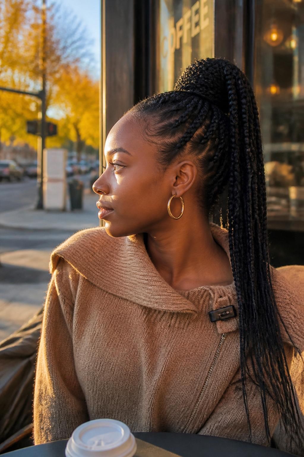 Image prompt: Photo of a Black woman wearing a high box-braid ponytail with several braids wrapped neatly around the base, side profile view, softly blurred city street background outside a coffee shop, golden hour glow, containing hoop earrings peeking through and a small hair clip attached to her sweater collar, realistic candid fall photo, latest iPhone photo quality.
