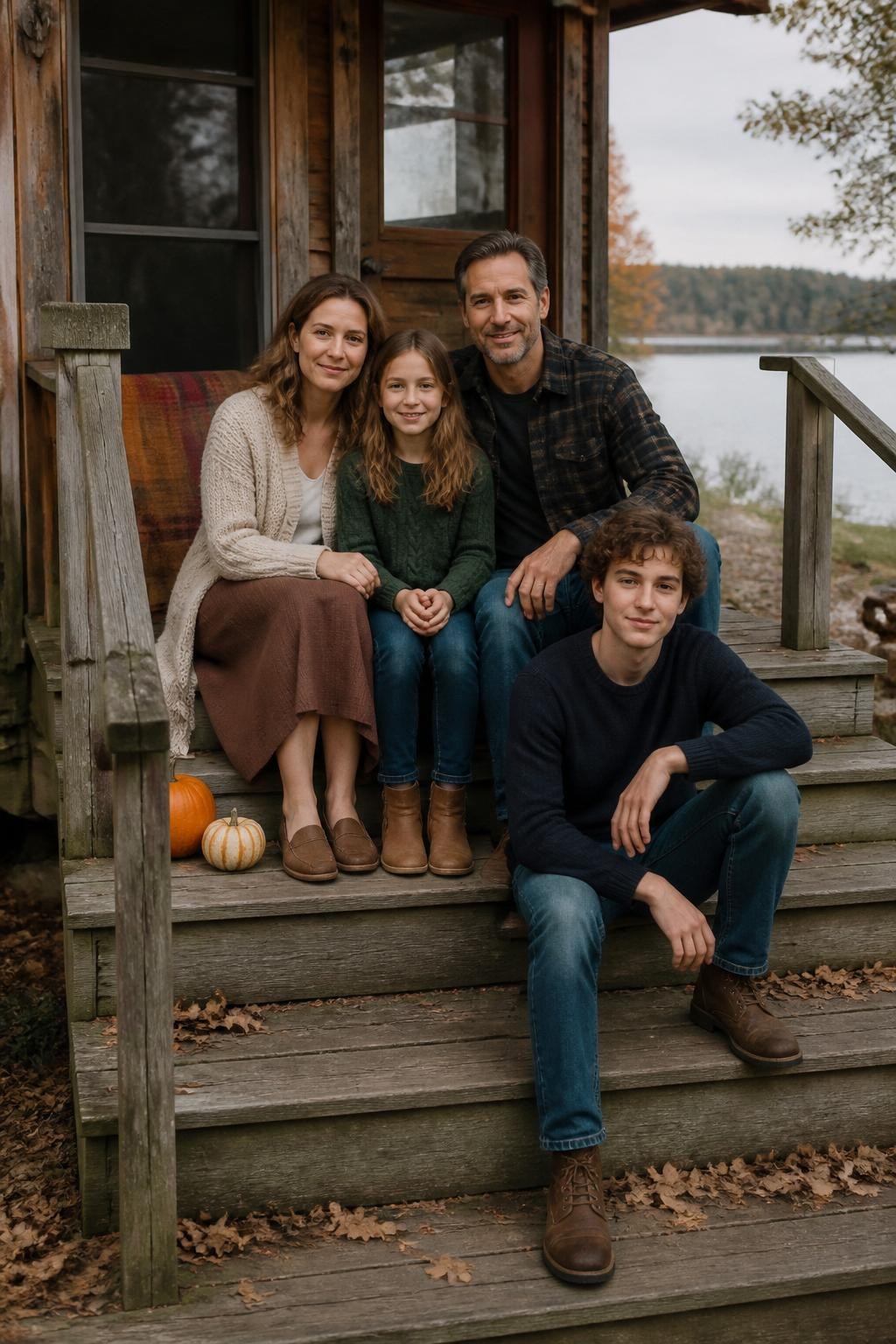 Image Prompt: A white family of four sitting comfortably on the wooden steps of a modest lakeside cabin in fall, two parents with a young daughter and teenage son, the daughter sitting between the parents while the teenage son sits one step lower with one elbow resting loosely on his knee, clothing in oatmeal, forest green, navy, rust, and brown, the mother wearing a textured cardigan and midi skirt, the father in a dark flannel overshirt, the children in simple sweaters and jeans, two small pumpkins beside the railing and a folded wool blanket near the doorway, soft cloudy morning light, real weathered wood, fallen leaves caught around the porch edges, photographed with a DSLR 35mm lens from porch height, relaxed family expressions, realistic home setting, no excessive harvest decorations, no luxury cabin styling.