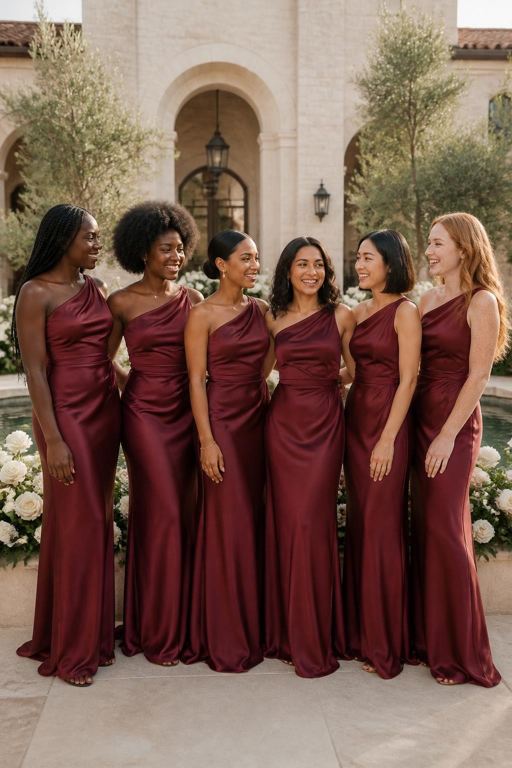 Realistic full-frame DSLR wedding photograph of six bridesmaids wearing floor-length liquid maroon satin gowns with softly twisted asymmetric necklines, diagonal draping across the bodices, lightly gathered waists, and fluid column skirts that skim the body without clinging tightly, women with deep ebony, rich mahogany, warm caramel, South Asian olive, East Asian light beige, and fair freckled skin tones, naturally varied ages, heights, bust sizes, and body shapes, bright beautiful faces with distinct individual features, visible natural skin texture, soft joyful smiles, makeup carefully suited to every complexion, hairstyles including long knotless braids, a rounded natural afro, sleek low bun, shoulder-length curls, polished bob, and loose waves, standing in a cream limestone courtyard with ivory roses, olive trees, and a shallow reflecting pool, warm late-afternoon sunlight creating realistic wine-colored highlights, natural satin ripples, and relaxed conversational poses rather than stiff symmetry.