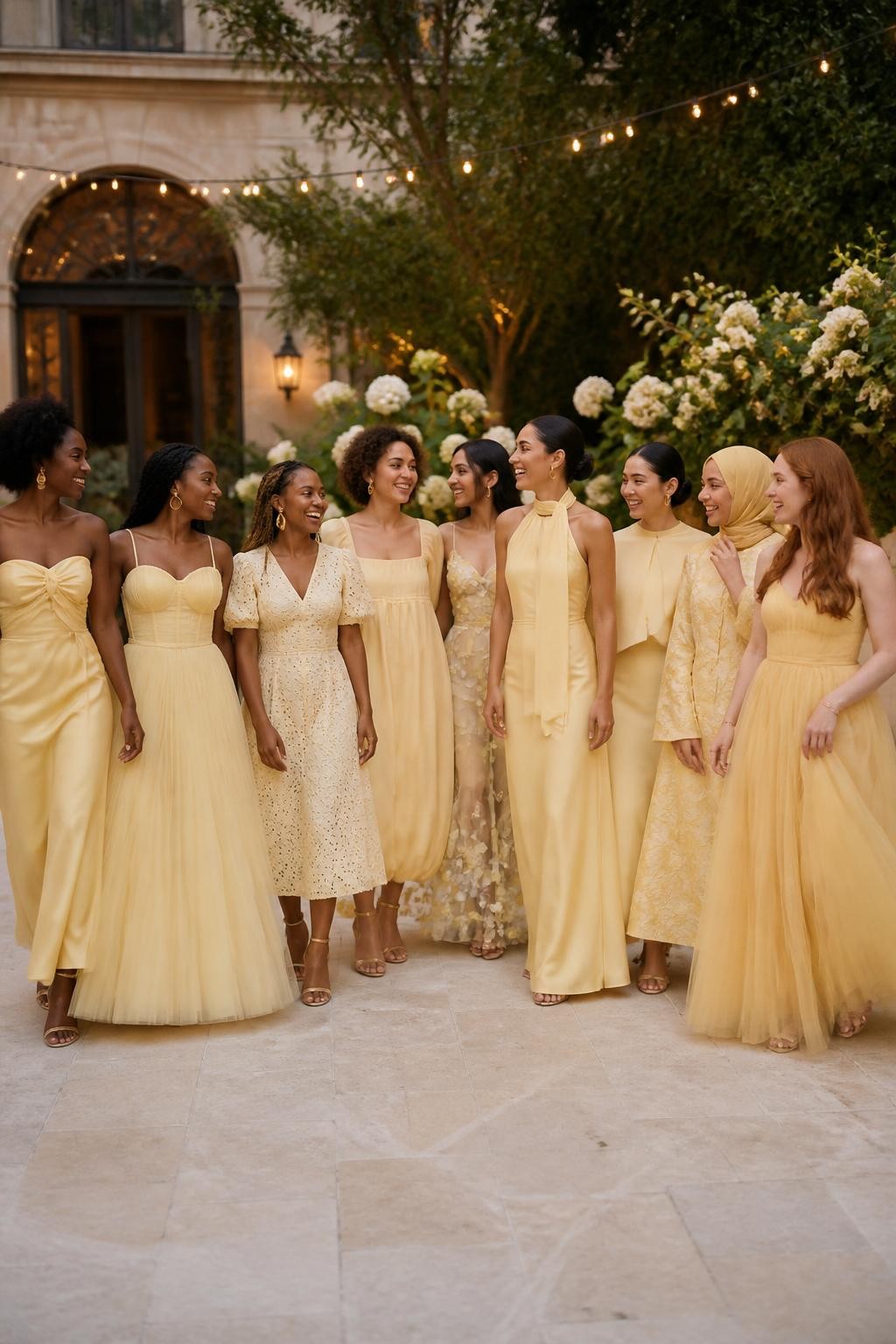 Realistic large bridal-party photograph of eight bridesmaids wearing intentionally coordinated dresses in pale buttercream, true butter yellow, vanilla yellow, soft lemon cream, warm custard, muted primrose, honey butter, and pale golden yellow, fabrics including liquid satin, broderie anglaise, matte crepe, pleated chiffon, floral organza, tonal jacquard, soft tulle, and silk faille, silhouettes including a twisted satin column, basque-waist ballerina gown, embroidered midi, bubble-hem dress, sculpted-flower organza gown, scarf-tail halter, capelet column, and dropped-waist tulle gown, women with very deep, deep brown, reddish brown, golden, olive, tan, East Asian fair, and pale freckled skin tones, broad representation of ages, heights, and body shapes, bright beautiful faces and genuine laughter, hairstyles including natural coils, braids, locs, waves, sleek buns, short cuts, and a softly styled hijab, standing in a lush estate courtyard with cream stone, mature trees, ivory flowers, and warm string lights, every fabric responding differently to the evening light, realistic spacing, candid movement, natural hands and believable proportions.