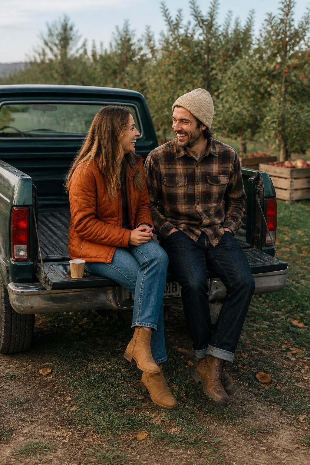 Image Prompt: A cheerful couple sitting on the open tailgate of an older dark green pickup truck parked beside an apple orchard in early fall, both sitting sideways with their legs hanging naturally, the woman wearing straight-leg jeans, tan boots, and a burnt-orange quilted jacket, the man wearing dark denim, a brown flannel shirt, and a cream beanie, one paper cup of warm cider placed safely beside them, both caught laughing during conversation, apple trees and wooden crates softly visible in the distance, photographed with a DSLR 35mm lens at natural eye level, realistic vehicle details, imperfect orchard ground, soft morning light, candid lifestyle image, no exaggerated country props, no spotless costume-like clothing.