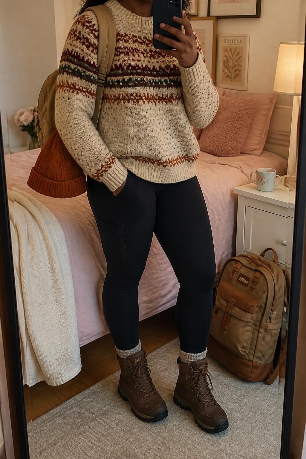 Mirror selfie of a Black woman wearing a cream Fair Isle wool sweater with burgundy, rust, and forest-green patterns, black fleece-lined hiking leggings with side pockets, dark brown waterproof hiking boots, a rust-orange ribbed beanie, and a tan canvas backpack, clearly showing the exact clothing items, colors, fabrics, and accessories listed, holding a phone in front of a feminine-themed bedroom mirror, cropped at the neck so the face does not show, relaxed casual selfie pose, warm moody lighting, a backpack resting on the floor and a coffee mug on a bedside table, cozy and uncluttered, latest iPhone photo quality.