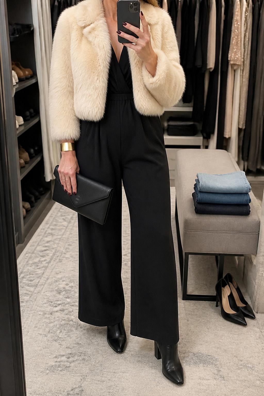 mirror selfie of a woman wearing the exact outfit described above, clearly showing a cream cropped faux fur jacket layered over a black wide-leg jumpsuit, black block-heel boots, a black envelope clutch, and gold cuff bracelet, holding a phone in front of a mirror, cropped at NECK so the face does not show, with a relaxed casual selfie pose, in a walk-in closet mirror, soft indoor lighting, with folded denim jeans on a bench and a pair of heels on the floor nearby, latest iPhone photo quality.