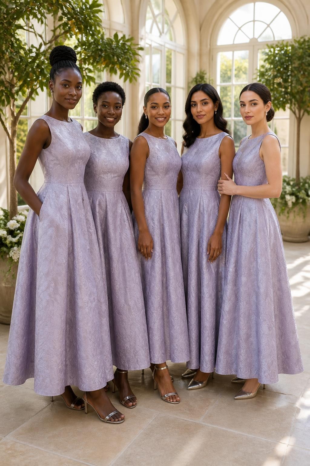 Realistic formal daytime wedding portrait of five bridesmaids wearing lilac jacquard dresses with tonal woven irises, vines, and abstract blossoms, fitted bateau and square-neck bodices, softly pointed waistlines, and full ankle-length ballerina skirts, women with deep cool brown, rich warm brown, caramel, South Asian olive, and pale neutral complexions, naturally varied ages, heights, and body shapes, bright poised faces with distinct features and realistic makeup, hairstyles including a high braided bun, cropped coils, glossy ponytail, shoulder-length waves, and classic chignon, standing inside a bright orangery with tall windows, potted citrus trees, ivory flowers, and pale limestone flooring, angled sunlight revealing the woven botanical pattern without excessive shine, realistic fabric stiffness, deep skirt folds, and elegant heels visible.
