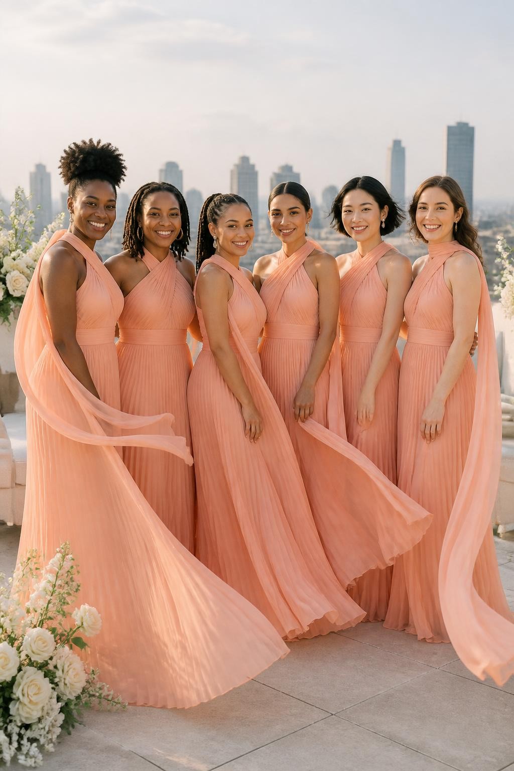 Realistic rooftop wedding photograph of six bridesmaids wearing fine peach plissé chiffon gowns with softly gathered asymmetrical and halter necklines, long narrow scarf tails flowing from one shoulder or the back of the neck, fitted waistbands, and airy floor-length skirts, women with deep neutral brown, warm copper, rich medium brown, golden olive, East Asian fair, and pale peach complexions, varied ages, heights, shoulder widths, and body types, bright expressive faces with realistic under-eye texture and individually suited makeup, hairstyles including a high curly puff, shoulder-length locs, braided ponytail, sleek low bun, glossy bob, and loose waves, standing on a rooftop terrace with pale stone, cream furniture, white flowers, and a softly blurred skyline, late-afternoon wind moving the scarf tails and pleated skirts naturally, believable transparency, warm peach color, and realistic shadows.