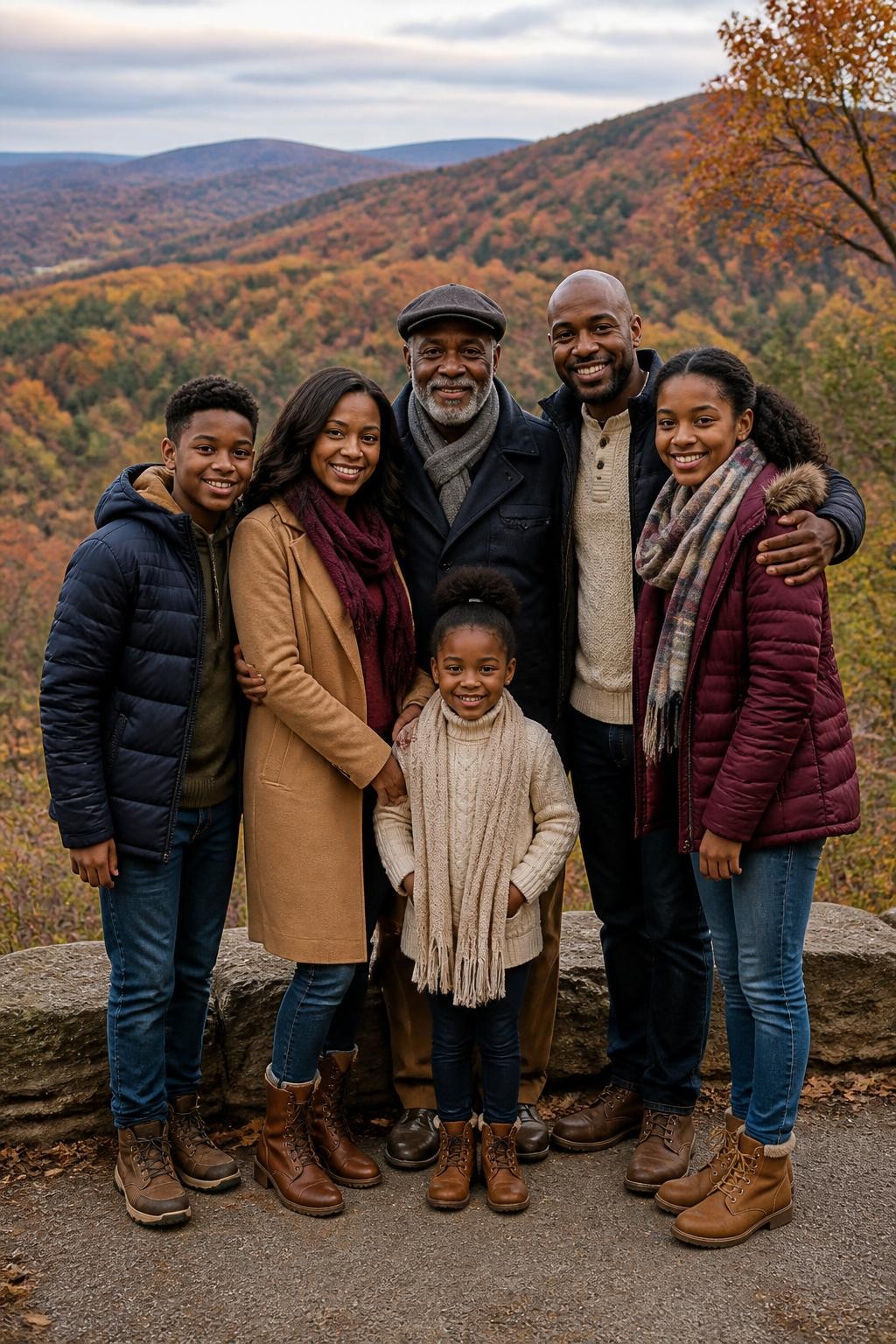 Image Prompt: A Black family of six gathered at a safe mountain overlook during peak fall color, two parents, three children, and one grandfather standing in a loose close group with arms around shoulders and waists, the youngest child positioned at the front while the grandfather stands near the center, layered outfits in camel, navy, rust, cream, burgundy, and olive, realistic coats, scarves, sweaters, denim, and walking boots, wide valley filled with red, gold, and green trees behind them, soft late-afternoon light with mild cloud cover, photographed with a DSLR 35mm lens from a slightly low angle, clear detailed faces, natural skin texture, realistic landscape depth, relaxed emotional expressions, no dangerous cliff positioning, no artificial sun rays.