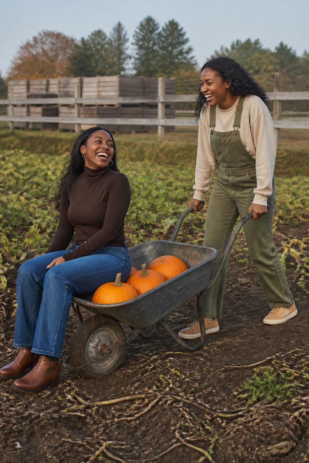 Image Prompt: Two Black female best friends beside a practical metal wheelbarrow at a working pumpkin farm, one sitting carefully on the low edge with both feet planted on the ground while the other stands behind the handles pretending to push, both laughing naturally, one wearing a fitted chocolate-brown turtleneck with straight-leg jeans and boots, the other wearing a cream sweatshirt under olive overalls with tan sneakers, three medium pumpkins inside the wheelbarrow, real vines, farm fencing, and uneven soil around them, bright but soft morning light, photographed with a DSLR 35mm lens, detailed dark skin texture, realistic metal wear, believable balance, no dangerous riding pose, no oversized pumpkin pile.