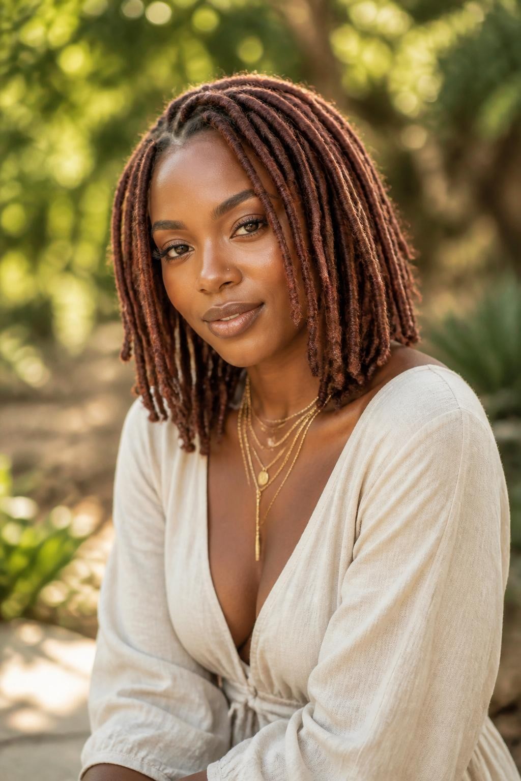 Image Prompt: A stunning woman with shoulder-length rose brown locs, neatly maintained loc texture, muted rosy-brown color with soft shine, a few locs framing the face, deep brown skin, natural glowing makeup, layered gold necklaces, cream linen dress, outdoor natural setting with softly blurred greenery, warm sunlight, realistic lifestyle editorial portrait, detailed loc texture and soft rose brown color, no text, (no watermarks on images)