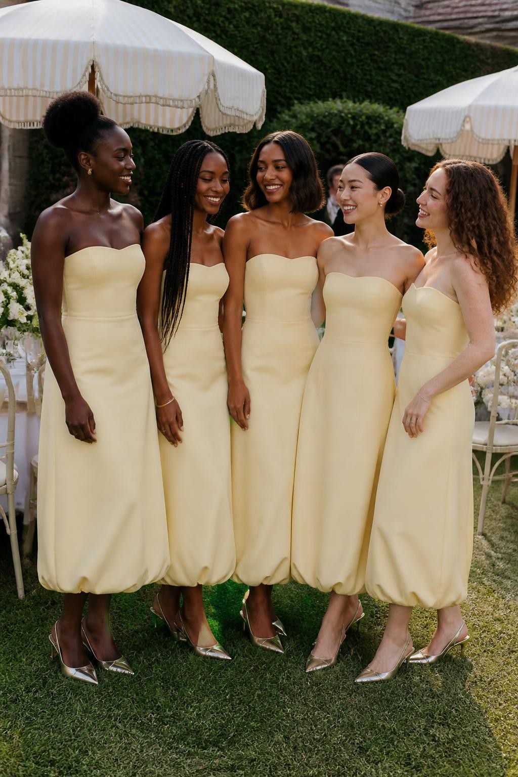 Realistic fashion-forward garden reception photograph of five bridesmaids wearing pale butter yellow midi dresses with gently curved strapless necklines, elongated fitted bodices, and rounded bubble hems ending around the lower calf, women with very deep brown, dark warm brown, medium caramel, East Asian light beige, and fair freckled skin tones, naturally varied heights and body shapes, bright joyful faces with genuine smiles, realistic skin texture and understated makeup, hairstyles including a sculpted afro puff, long braids, shoulder-length bob, polished bun, and soft curls, standing beneath striped cream parasols beside white bistro chairs, pale flowers, iced drinks, and clipped hedges, clear afternoon light, elegant metallic slingback heels visible, authentic fabric folds, slightly irregular hand-sewn bubble hems, natural posture and relaxed spacing.